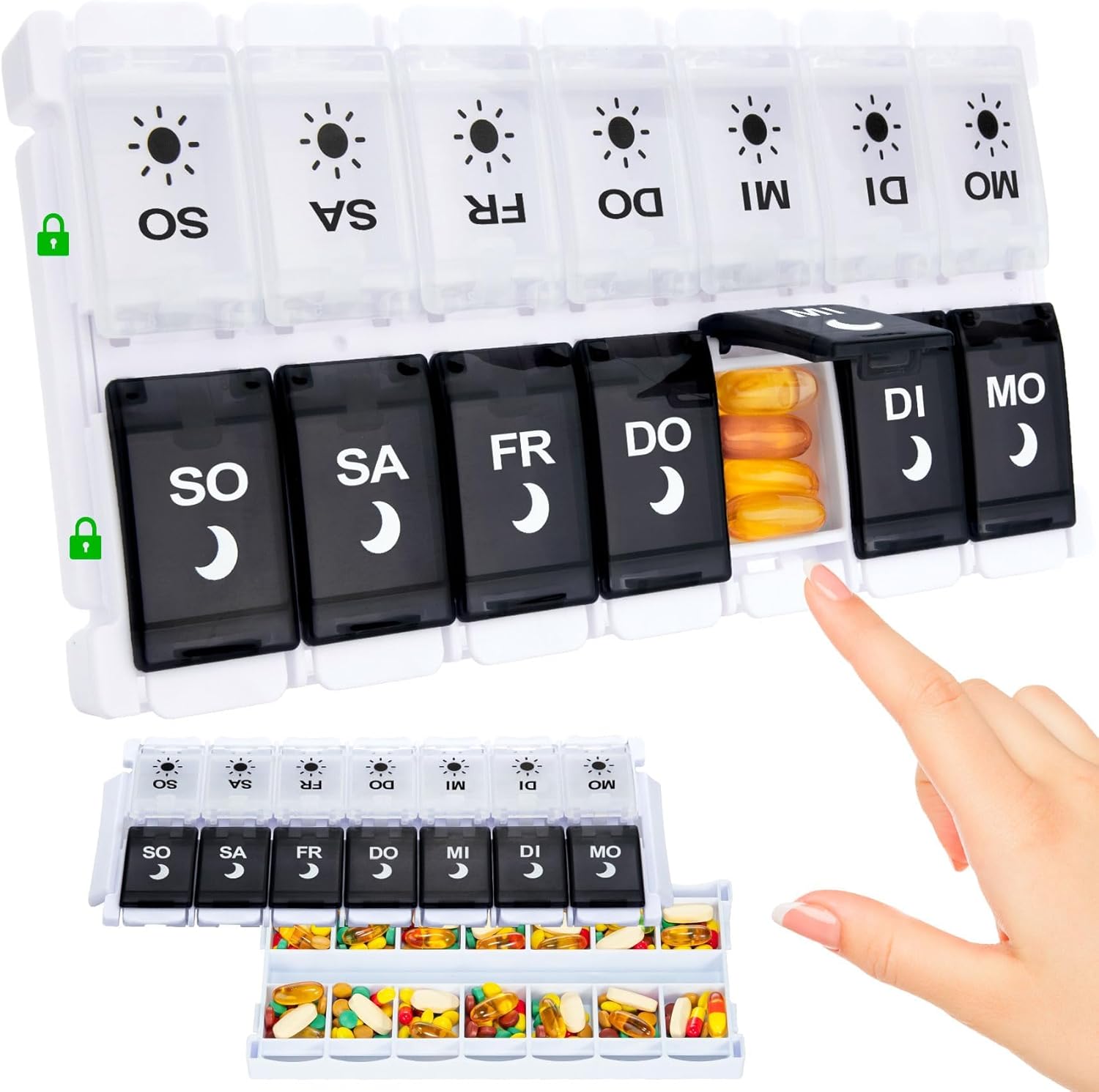 Detalle de Tablettenbox 7 Tage mit 14 Fächern (2 pro Tag) für morgens/abends – Druckknopf-Design, BPA-frei