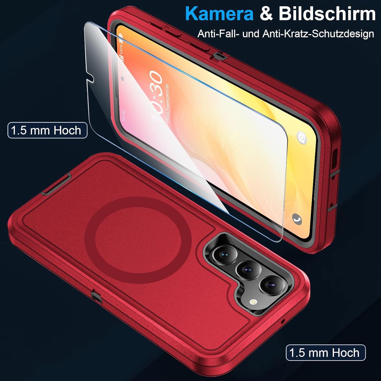 Thumbnail 2 de Handyhülle für Samsung Galaxy S23 Plus 5G: 360° stoßfeste Panzerhülle mit Displayschutz & Magnetring (Rot)