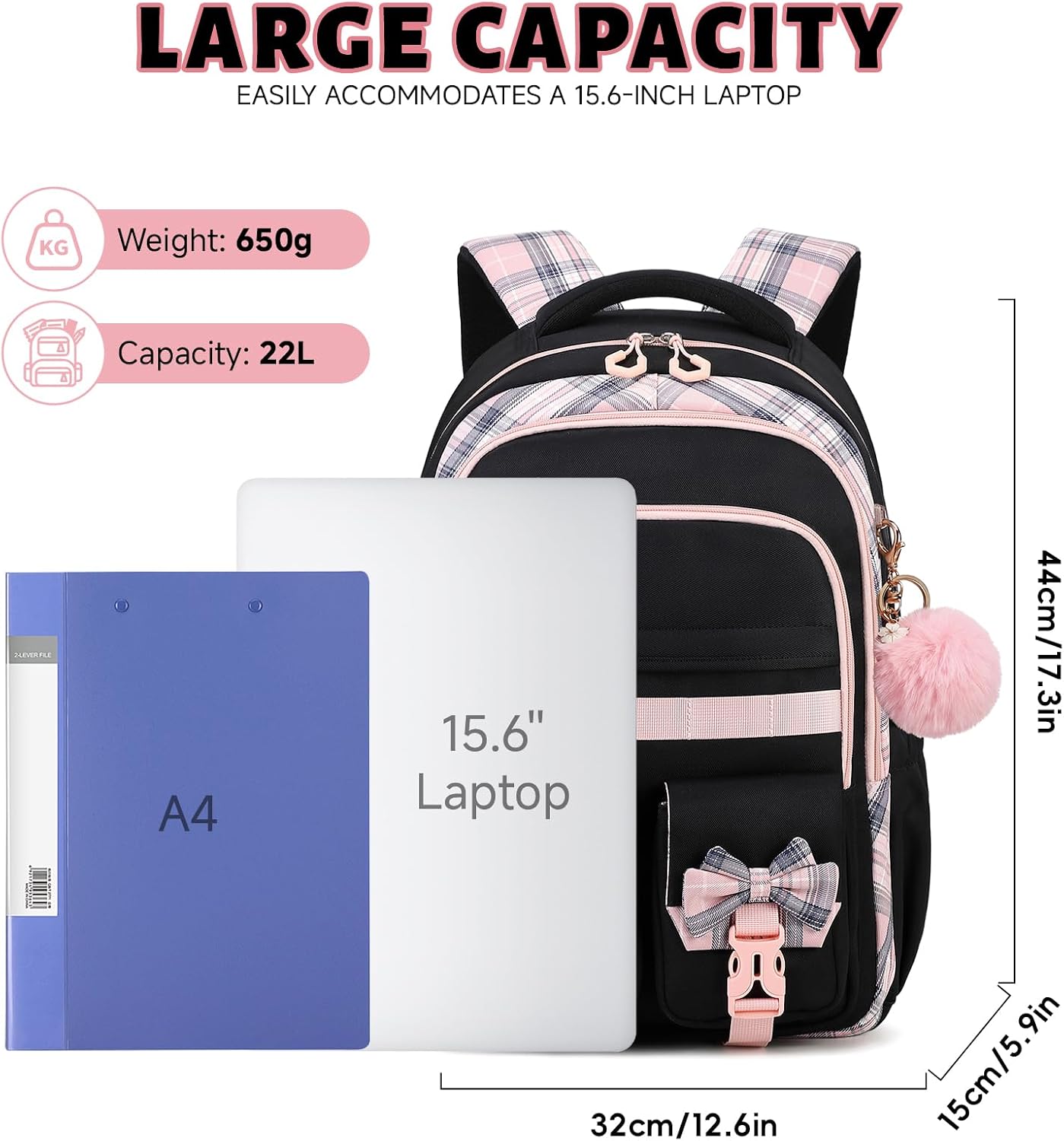 Detalle de Amythe Sac à Dos Fille – Cartable léger et ergonomique 22 L, noir rose (8–14 ans)
