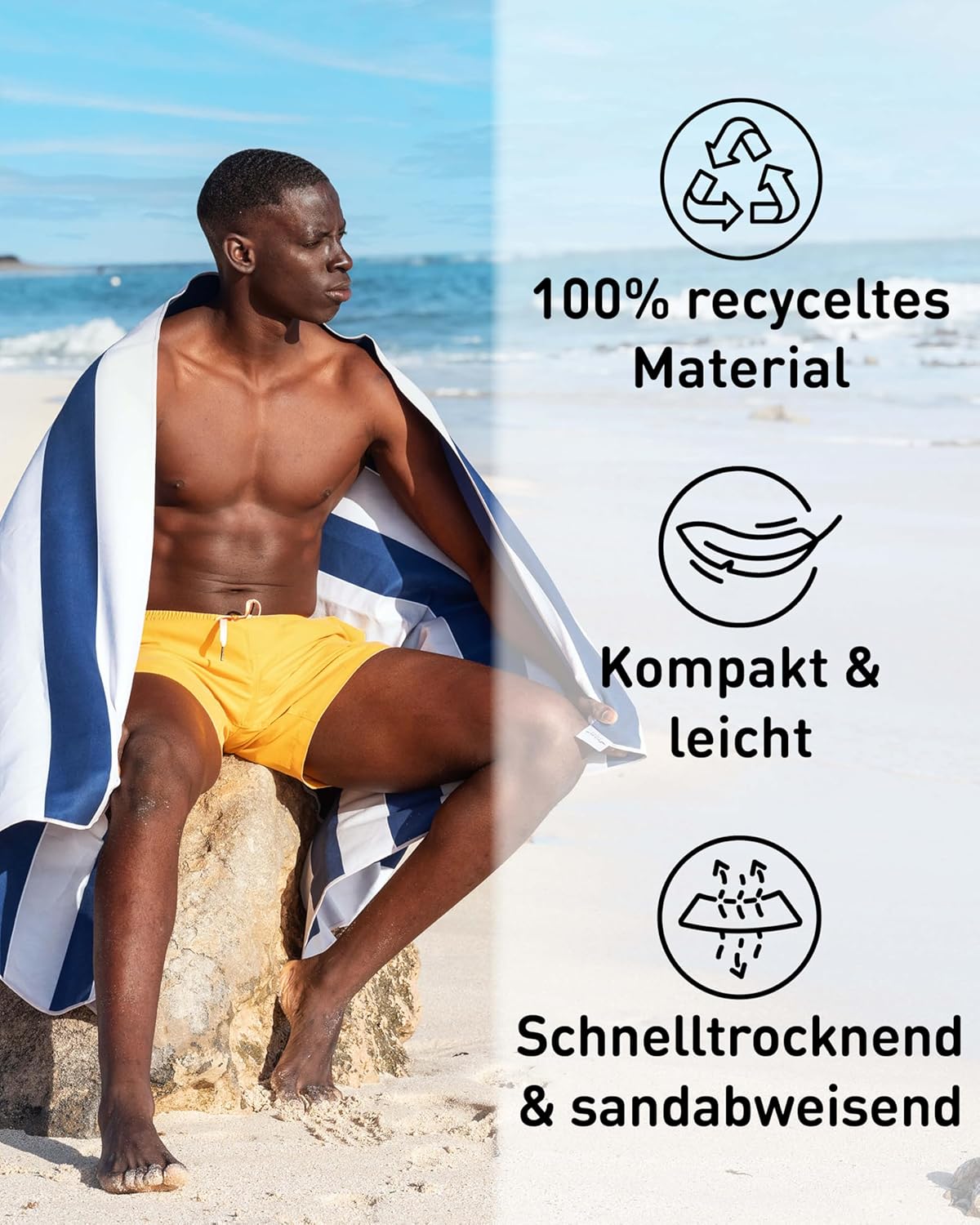 Thumbnail 5 de Fit-Flip Strandtuch XXL aus Mikrofaser (Marineblau-Weiß, 200x90 cm) – leicht, schnelltrocknend, 100% recycelte Faser