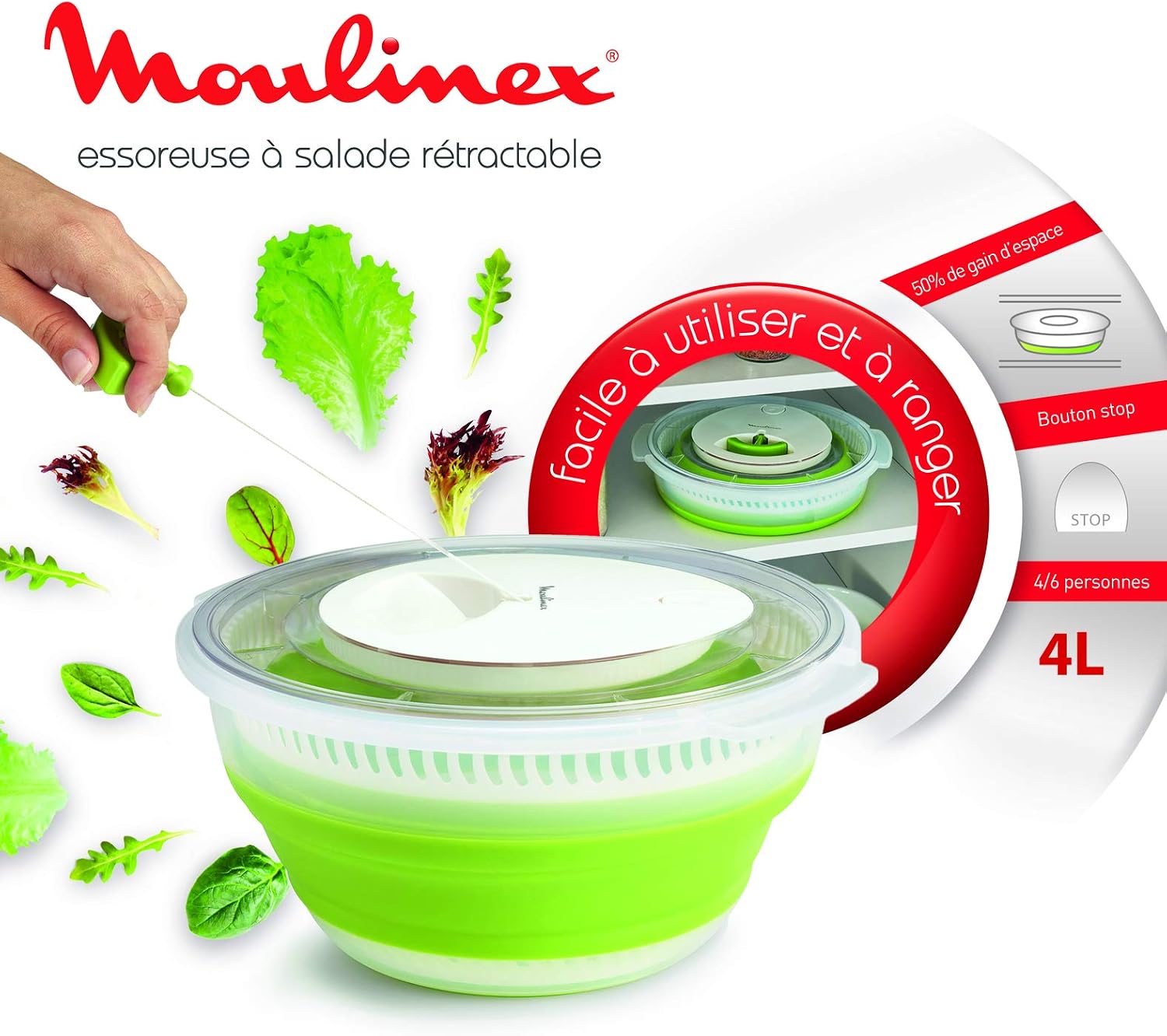 Detalle de Moulinex Essoreuse à salade rétractable – 4 L, Accessoire Cuisine