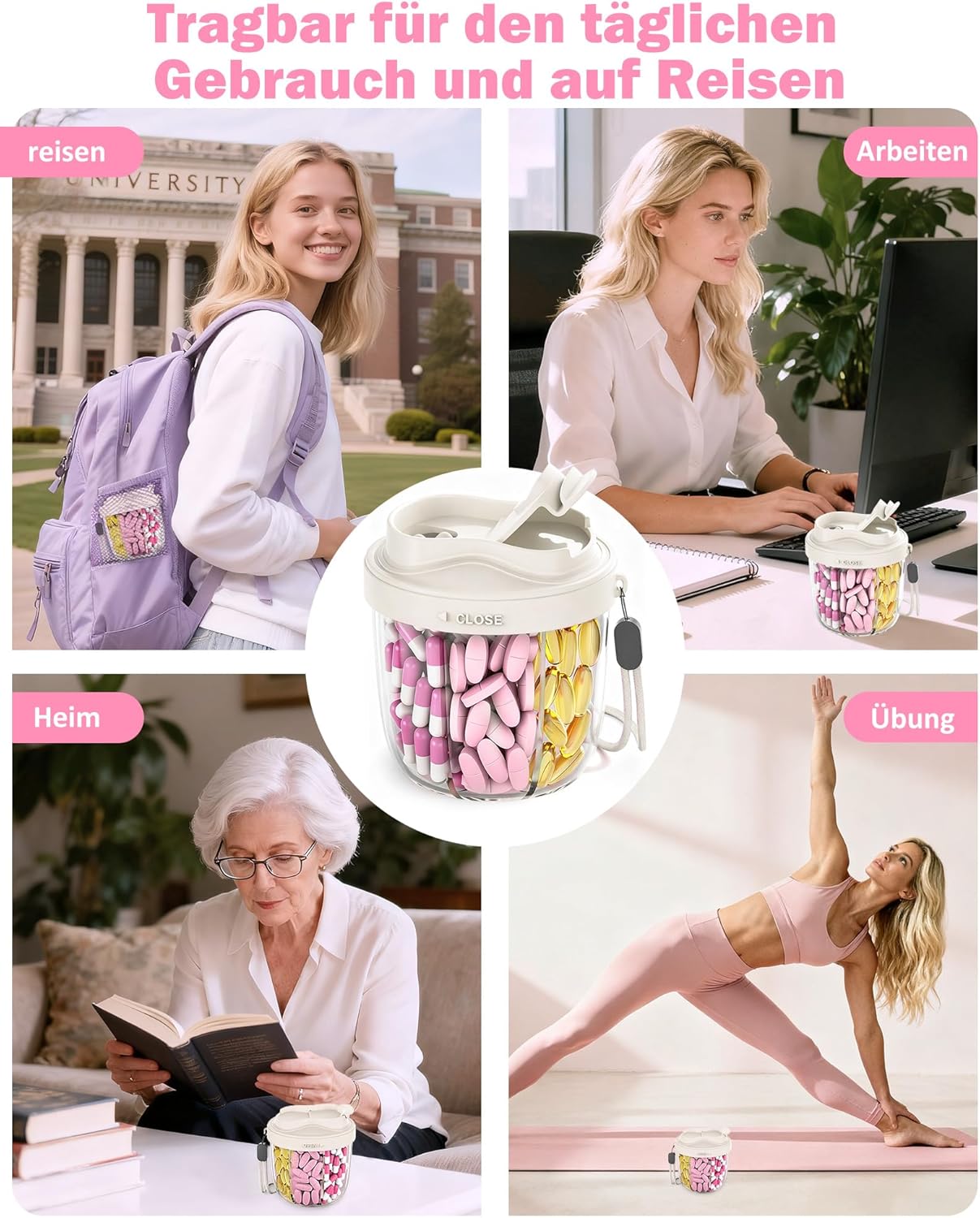 Thumbnail 4 de Tablettenbox 7 Tage „Morgens/Mittags/Abends“ – runde 7-Fach Medikamentenbox mit breiter Öffnung & Anti-Verwechslungs-Design (BPA-frei) inkl. 20 Etiketten