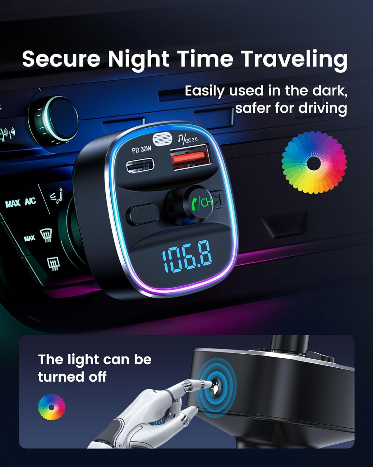 Thumbnail 6 de LENCENT Transmisor FM Bluetooth 5.4 coche 48W PD 30W & 18W Luz 7 colores