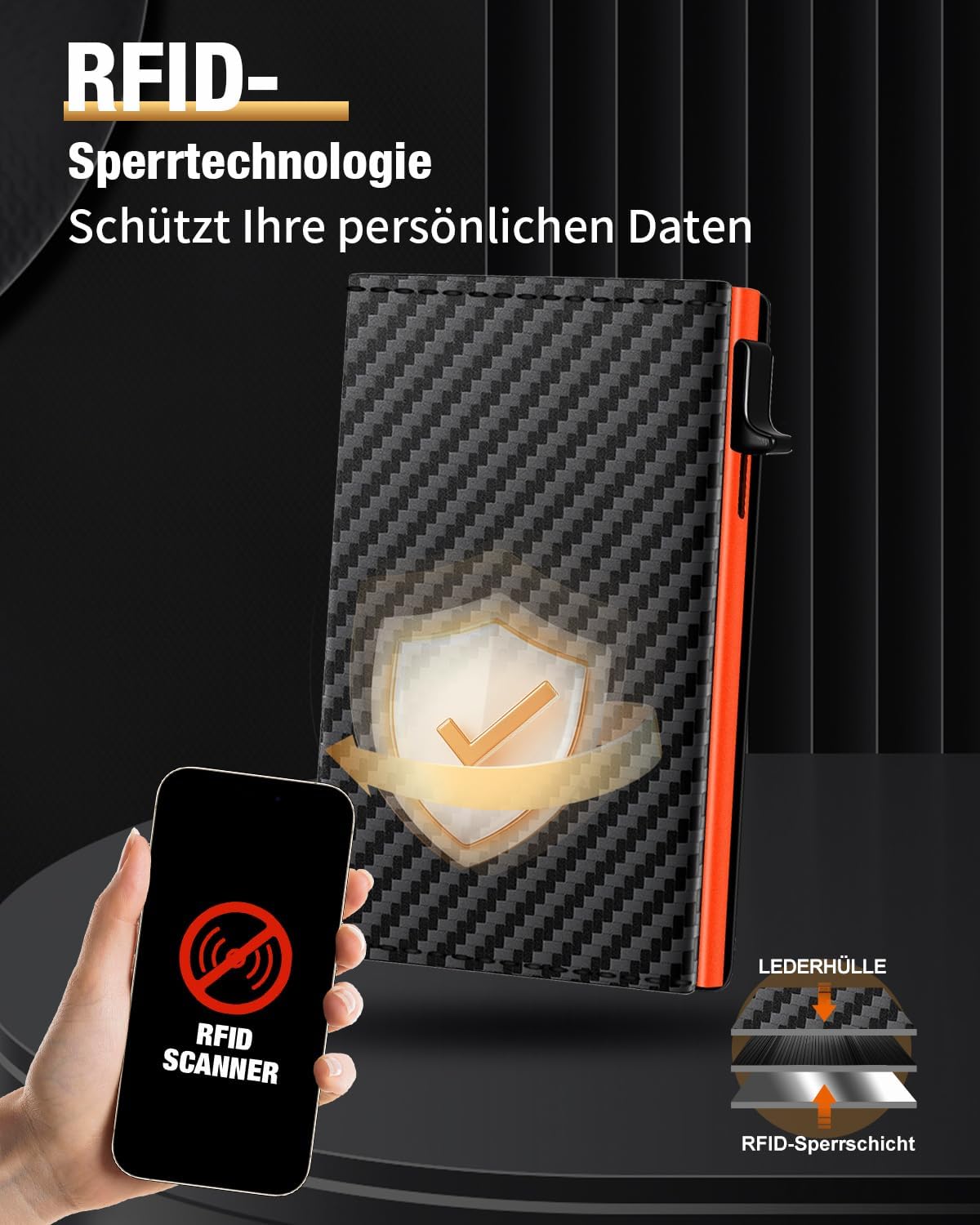 Thumbnail 3 de Slim Kartenetui für Herren mit Münzfach & ID-Fenster – Schwarz/Orange