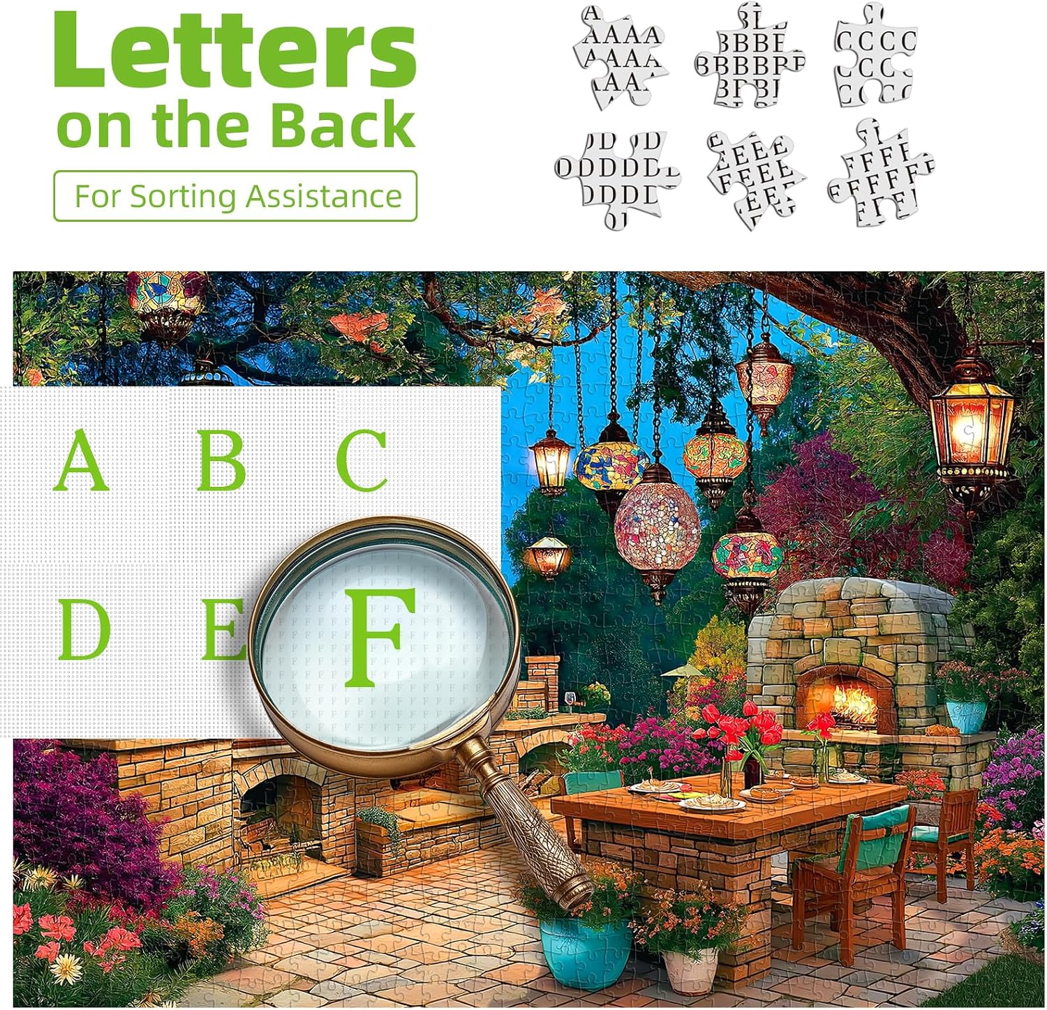 Detalle de Blueforest 1000-Piece Jigsaw Puzzle for Adults – Enchanted Garden Patio: Mosaic Lanterns, Stone Fireplaces & Night Blooms (27.5x19.7 in.)