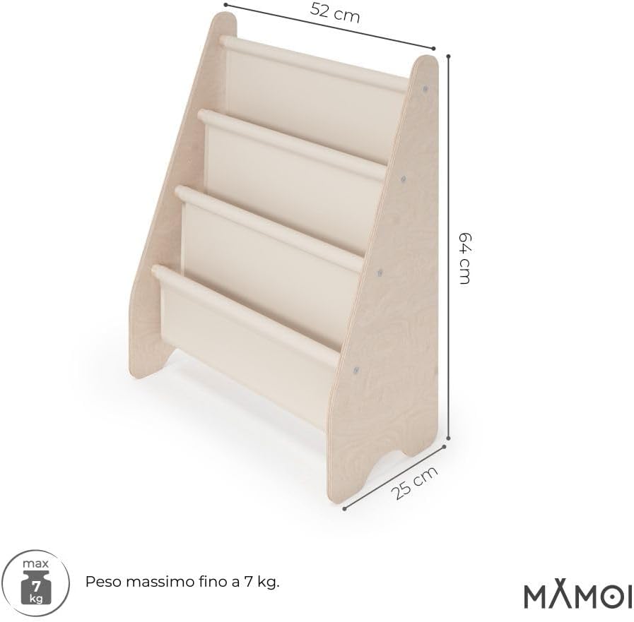 Detalle de MAMOI libreria autoportante per bambini con tasche in tessuto e cassettiera in legno