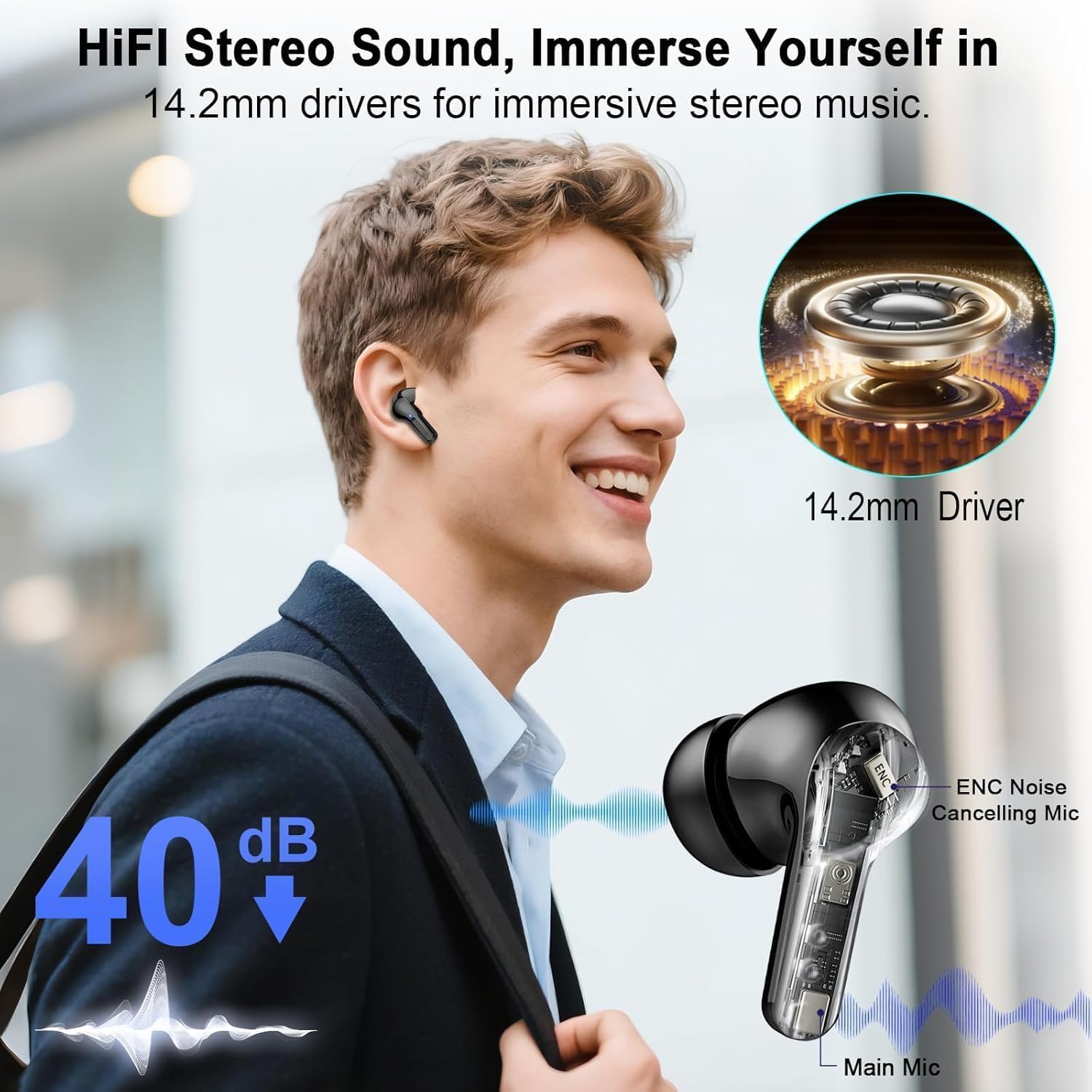 Thumbnail 1 de Wireless Earbuds (Bluetooth 5.4) HiFi Stereo with 4 ENC Noise-Cancelling Mics, 48H Battery, Dual LED Case Display, IP7 Waterproof - Black