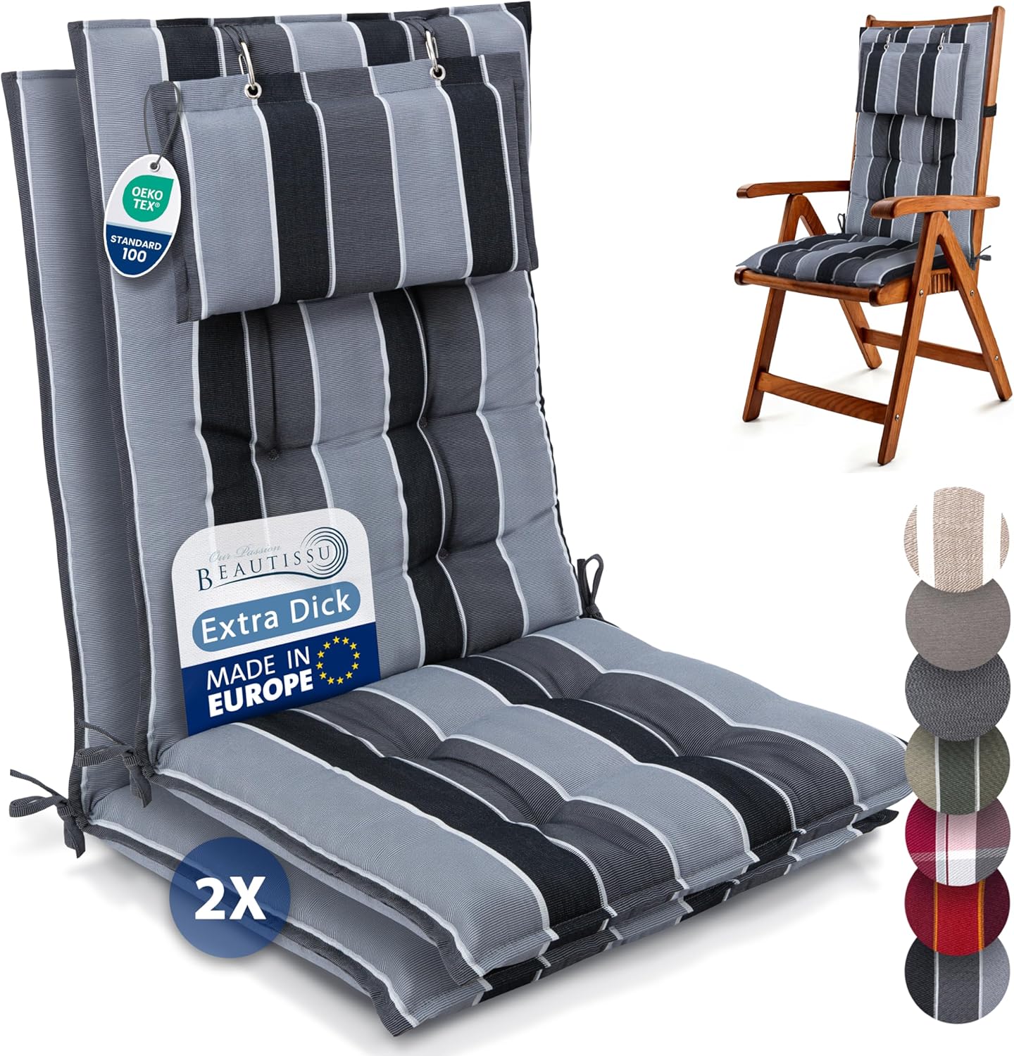 Beautissu 2er Set Premium Hochlehner Auflagen – 120x50 cm, 8 cm dick, Kopfpolster, rutschfest, UV-beständig, Anthrazit gestreift