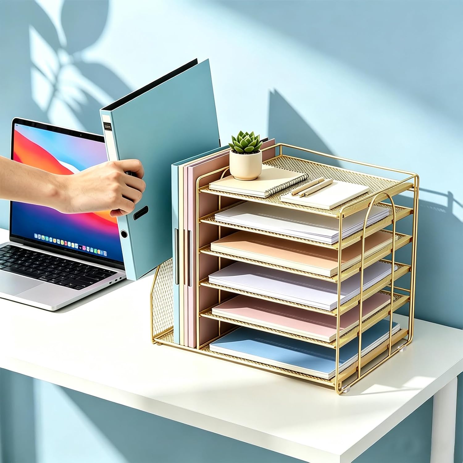 Detalle 2 de gianotter 6T 6-Tier Paper Organizer with Magazine Holder, Gold Metal