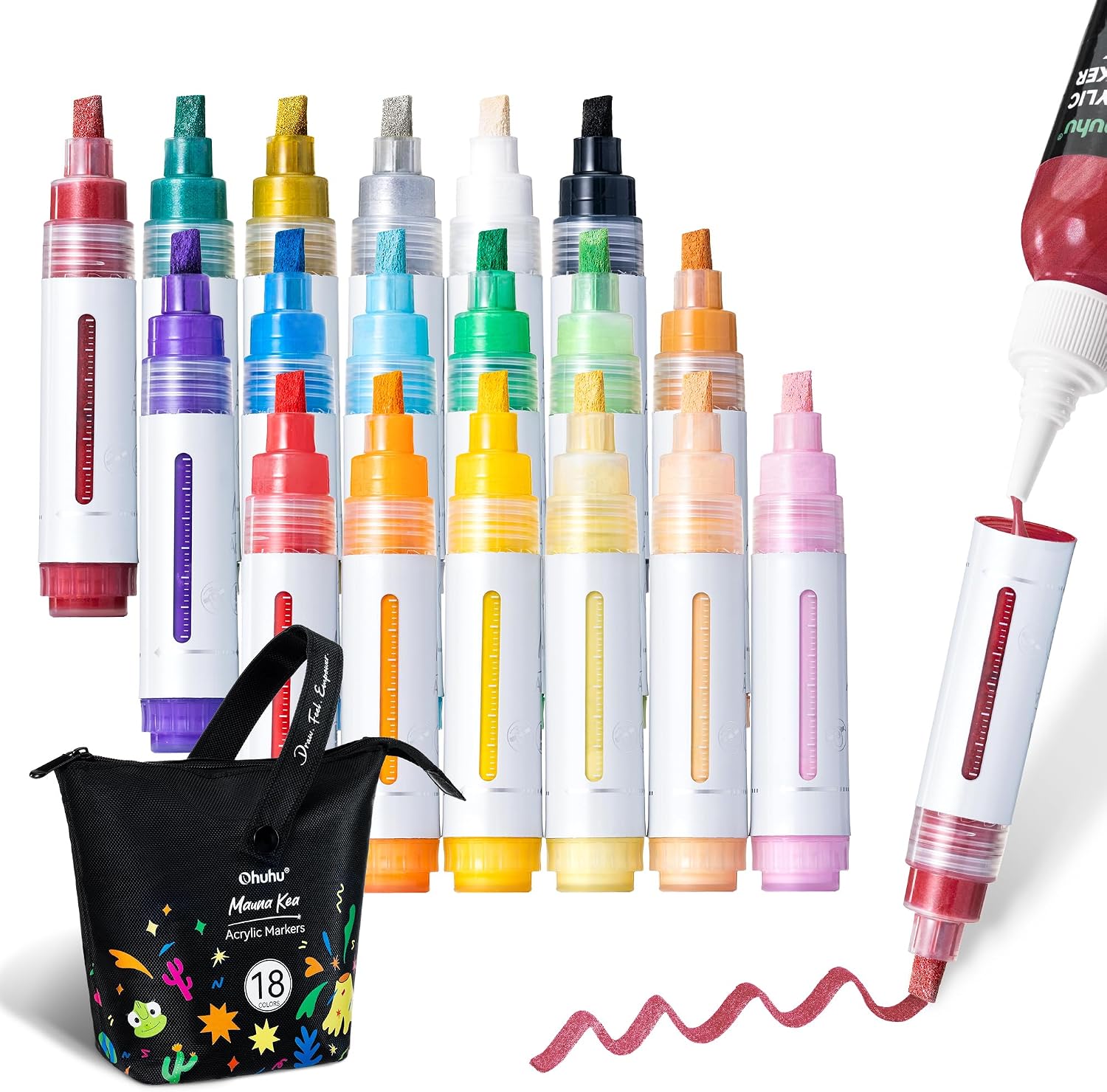 Detalle de Ohuhu Acrylstifte nachfüllbar – 18 Farben, 7 mm Meißelspitze/2 mm Wendespitze, wasserfest & lichtbeständig – Mauna Kea