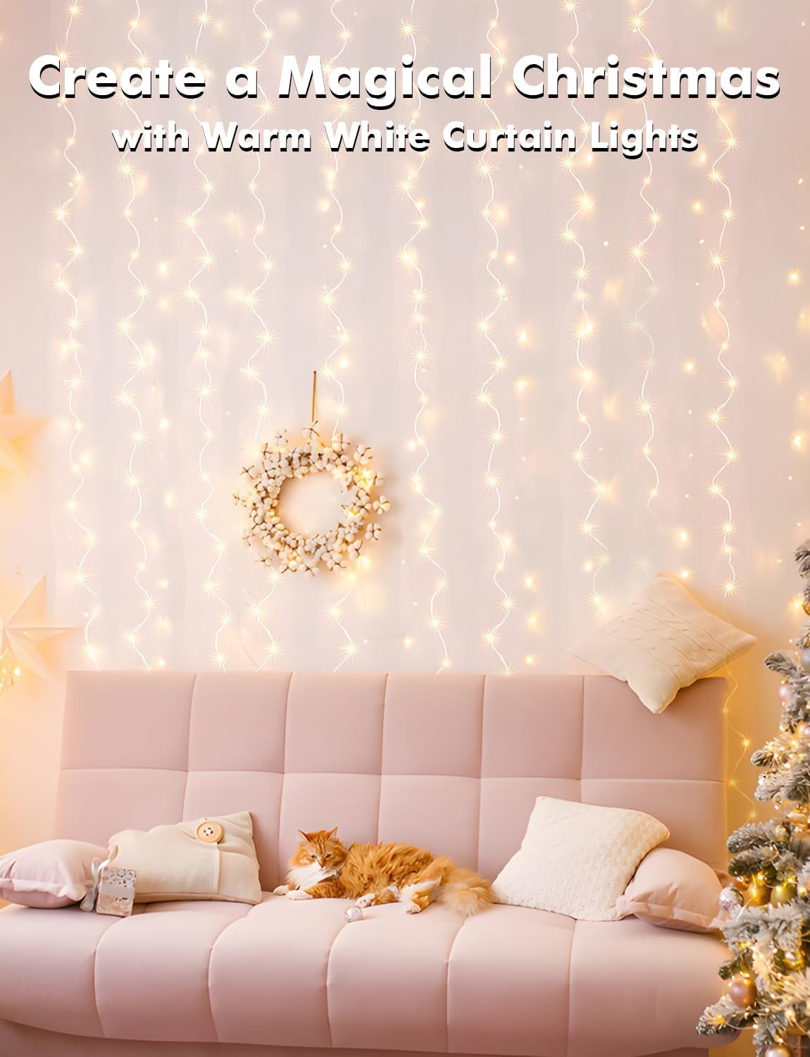 Detalle 1 de ANJAYLIA AN-WC 300-LED Warm White Curtain Lights, 8 Modes