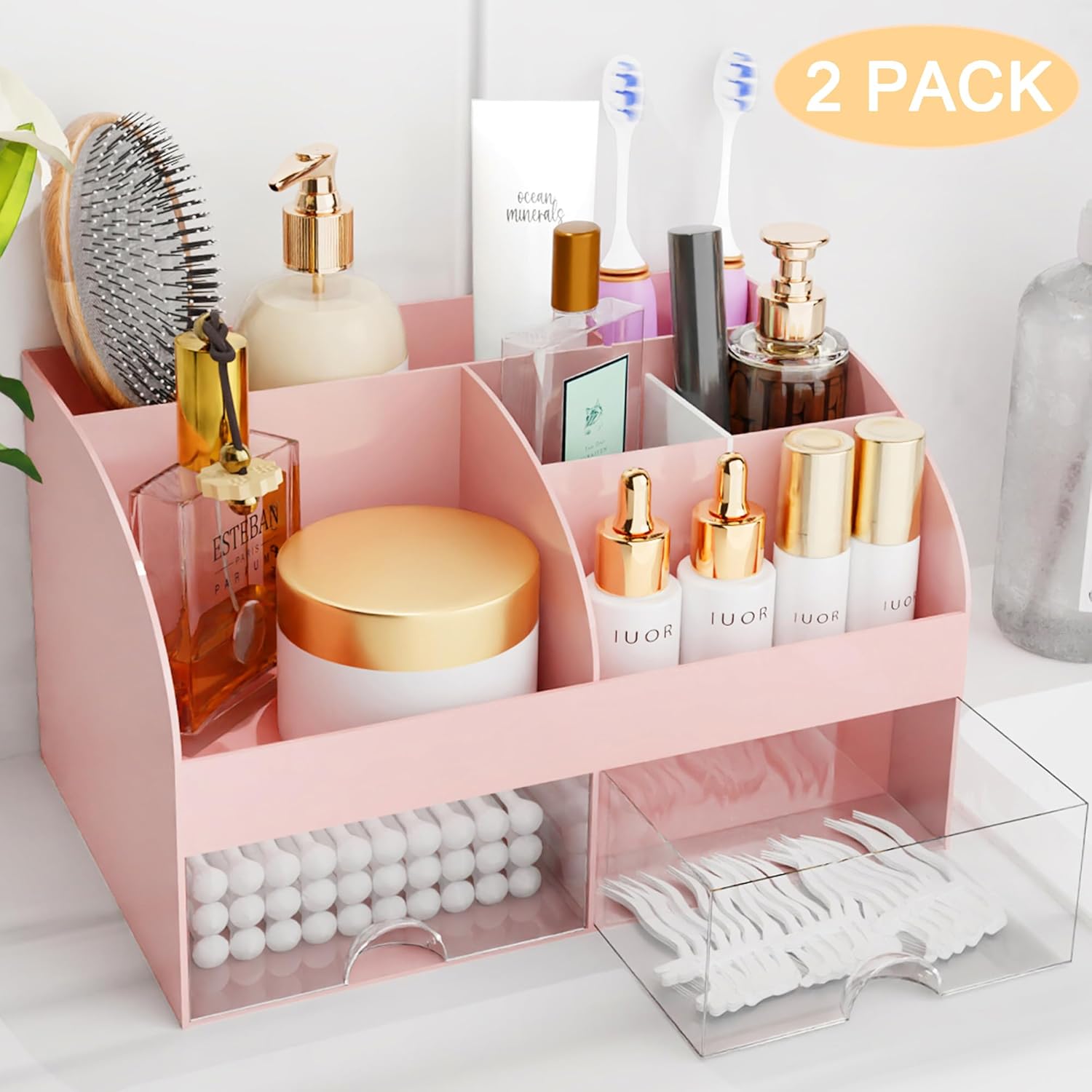 Thumbnail 1 de Makeup Organizer with Drawers (Pink, 2-Pack) – Compact Cosmetic Storage for Vanity and Countertop
