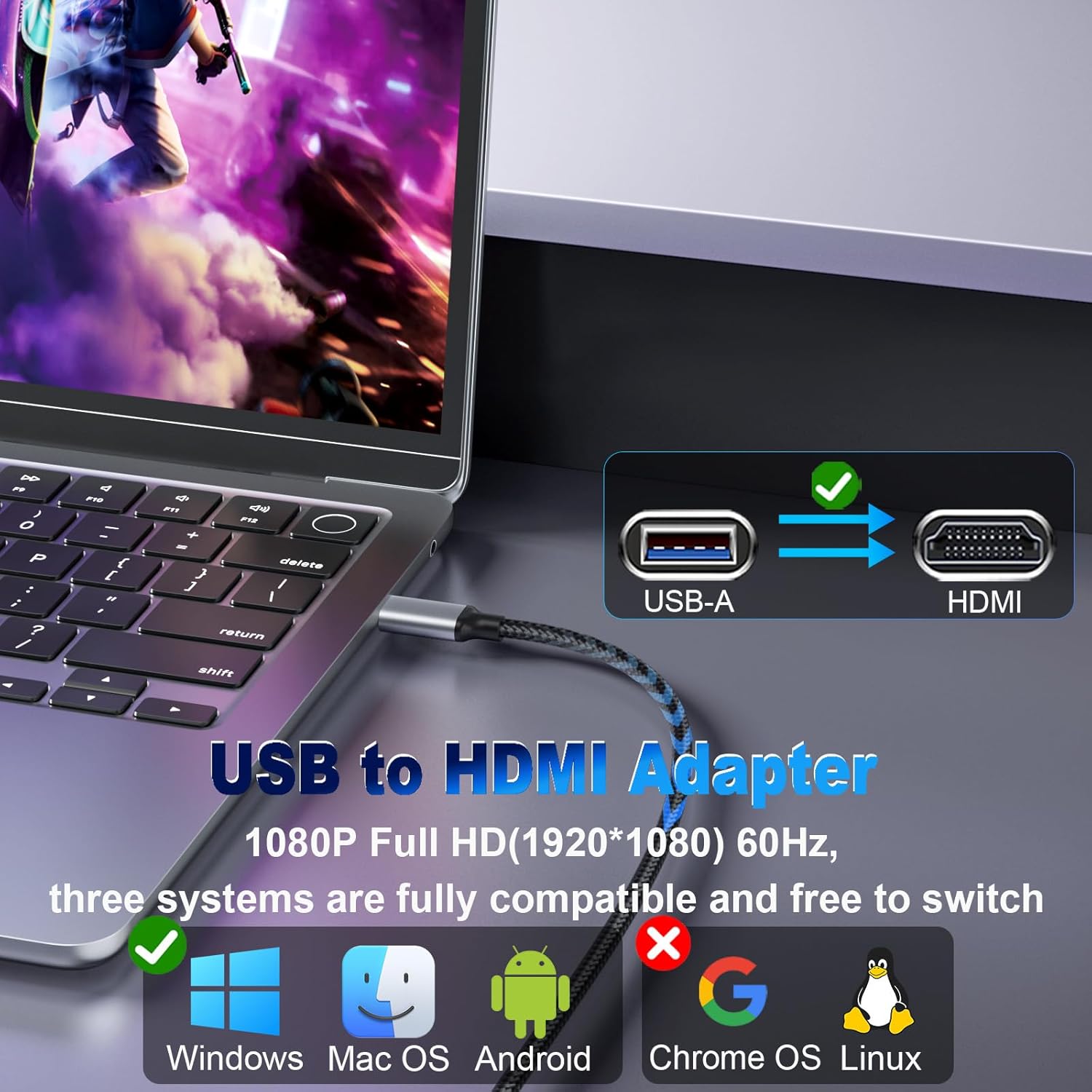 Thumbnail 3 de THANDBLE USB to HDMI Adapter Cable (3M/10FT) for 1080p 60Hz screens