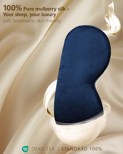 Detalle de Masque de Nuit Occultant en Soie 100% Pure d'Aosun – Bleu, bandeau réglable