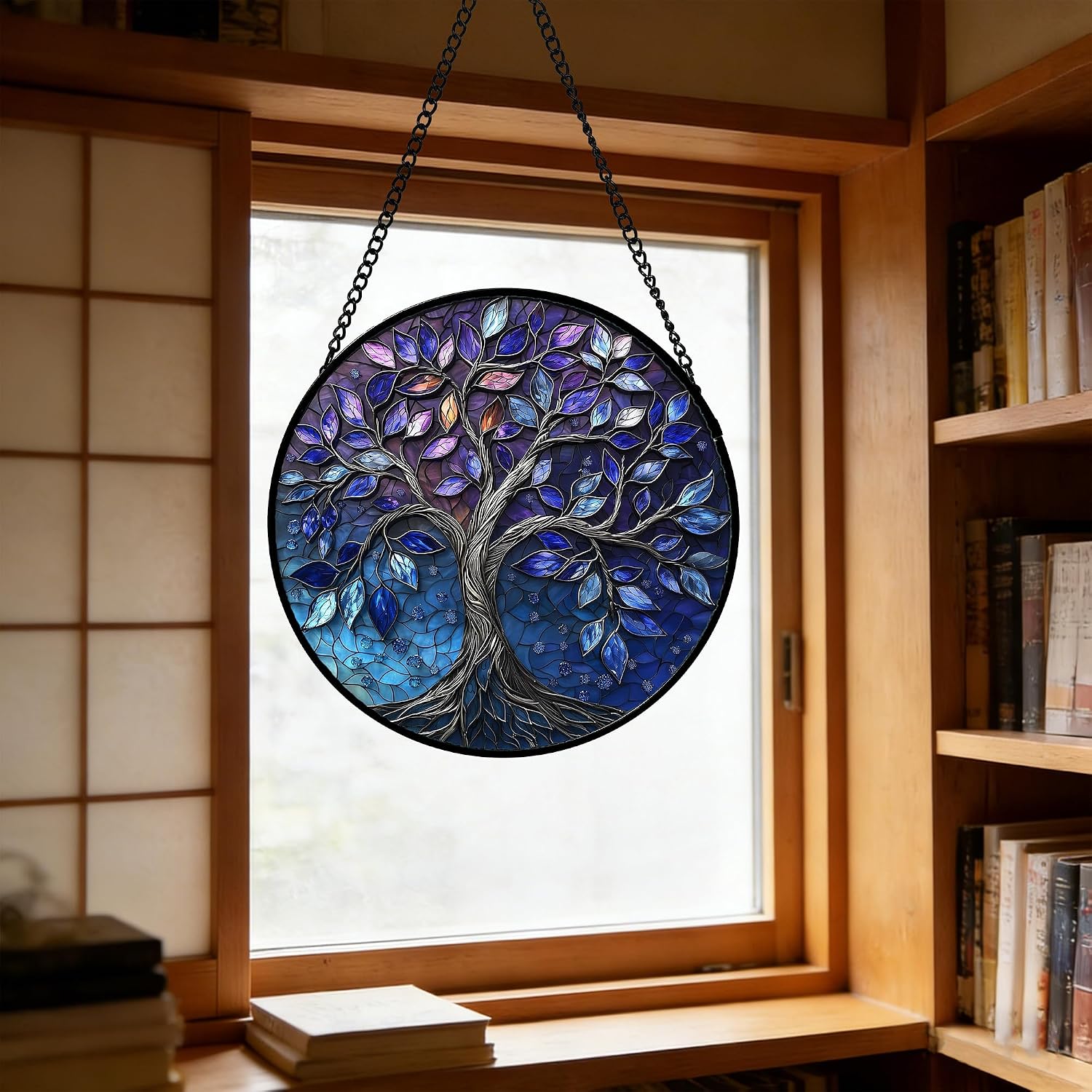 Detalle 1 de DASTOLL Blue Purple Tree of Life Stained Glass Window Hanging, 6.3-Inch