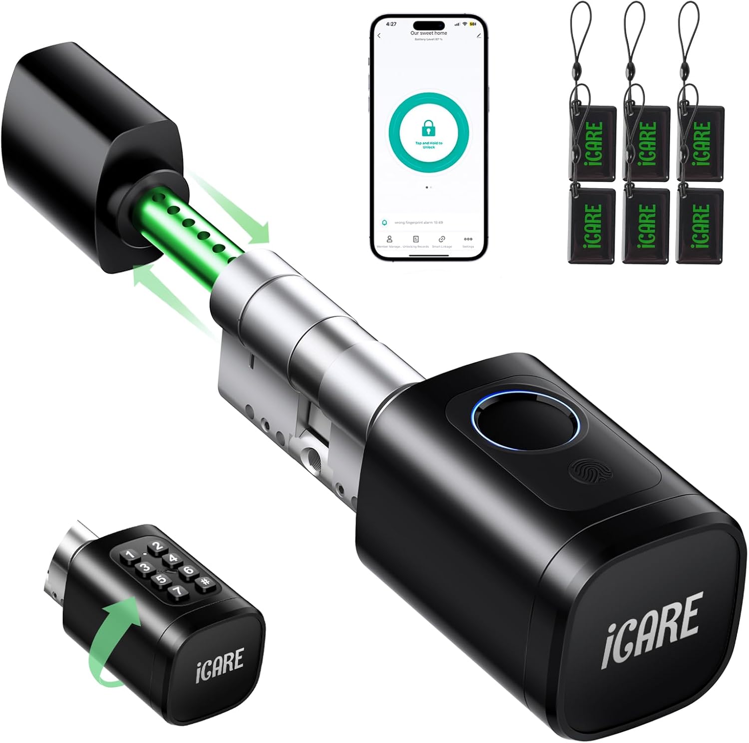 Detalle de ICARE Türschloss Fingerabdruck Smart Lock 60–90 mm