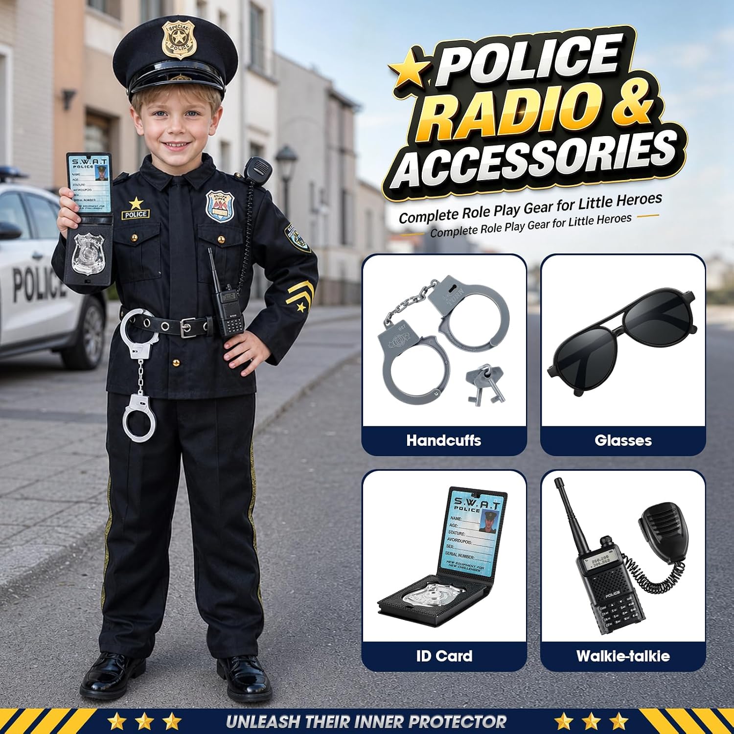 Thumbnail 3 de Joycover Kids' Police Officer Costume, Size S (4–5Y), Black Uniform and Accessories