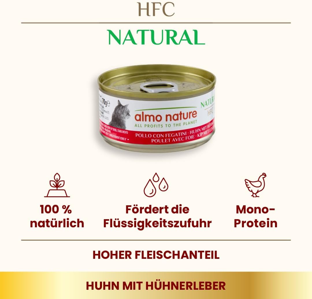 Detalle 2 de Almo Nature HFC Natural Nassfutter für ausgewachsene Katzen – Huhn und Leber, 24 x 70 g