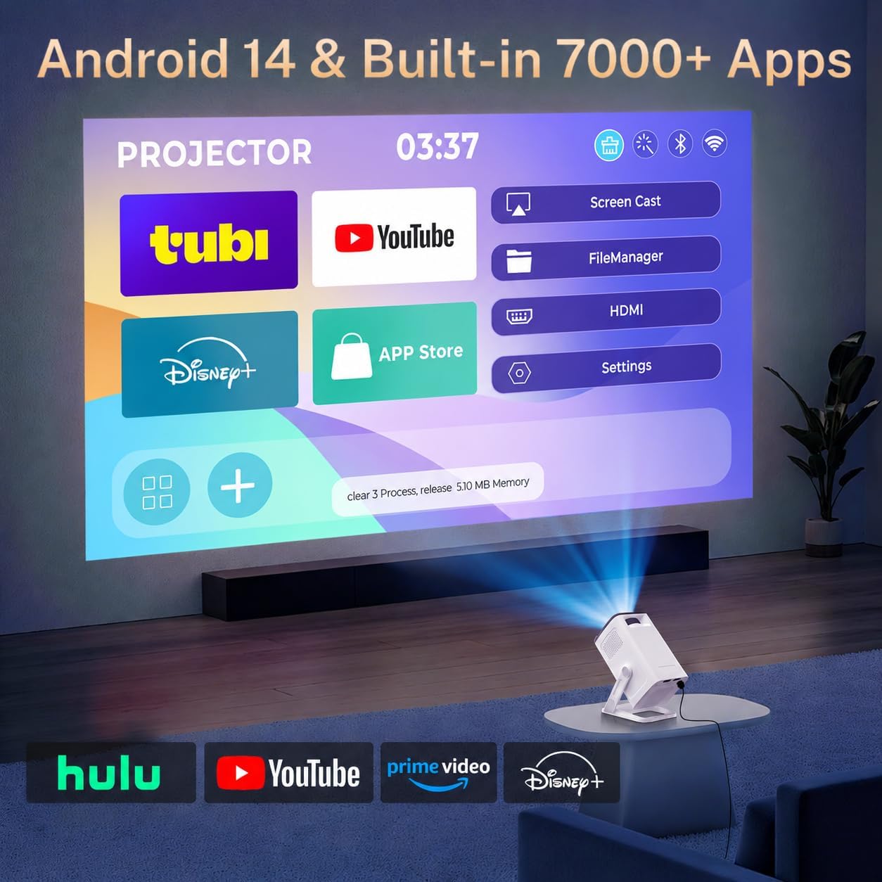 Detalle 2 de LYNCast V300 Mini Projector with WiFi 6, BT 5.4, Android 14, and 4K Support