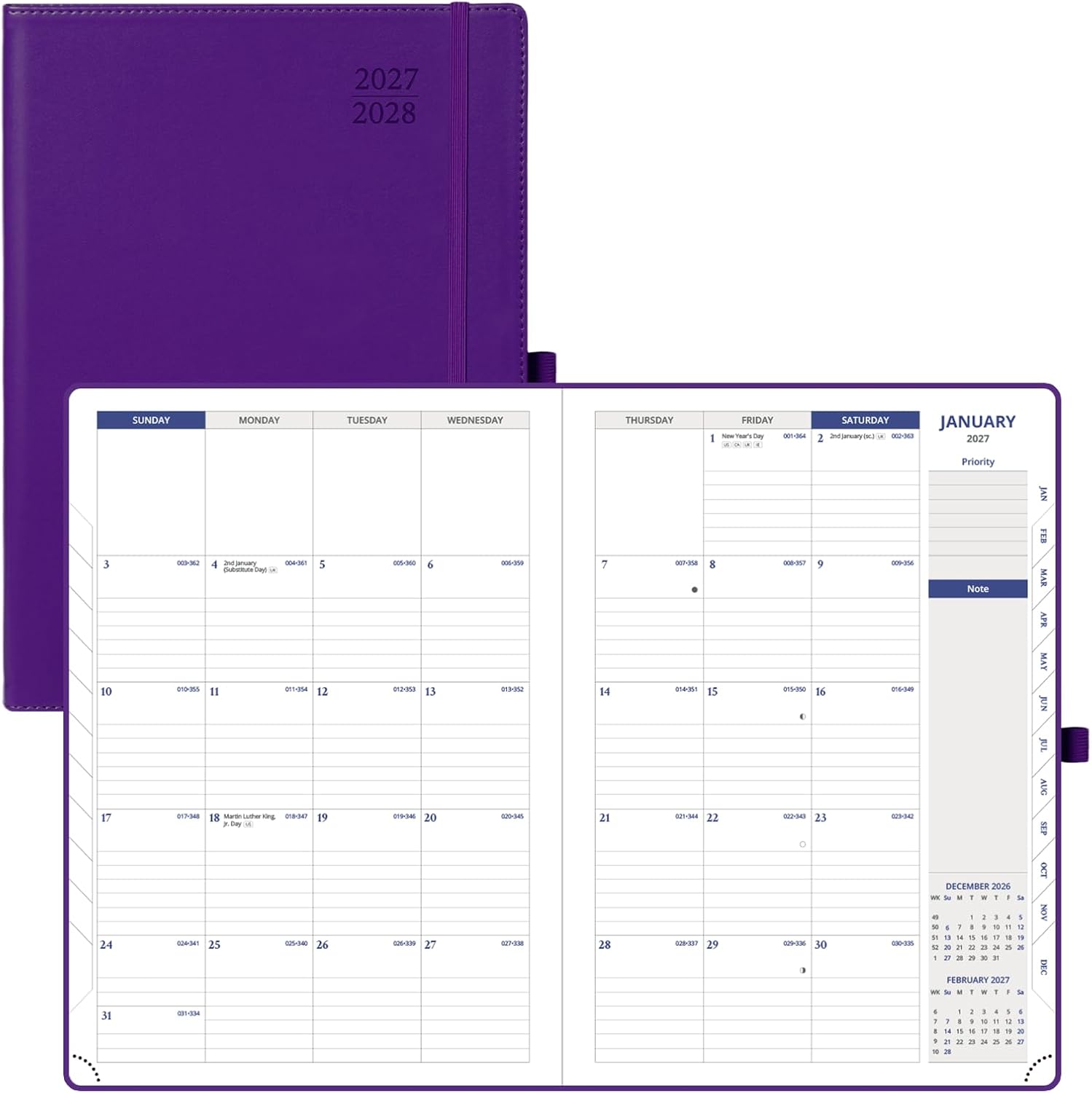 Detalle de POPRUN Monthly Planner 2027–2028, 16-Month Calendar with Purple Faux Leather Cover