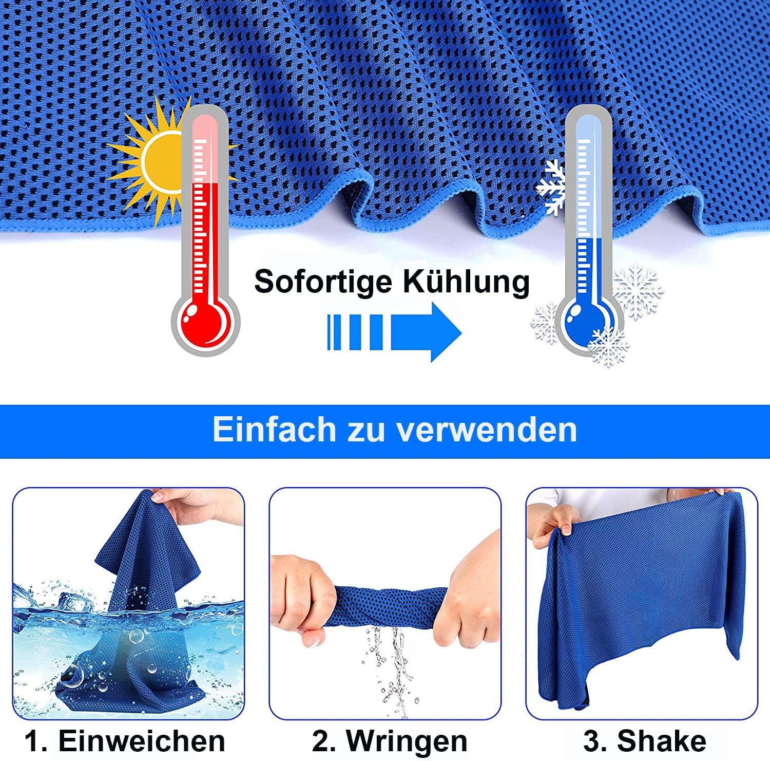 Detalle de Ciskotu Kühltuch Set – Mikrofaser Kühl-Handtuch 90 × 30 cm mit Silikonbox (Blau+Lila+Grau)
