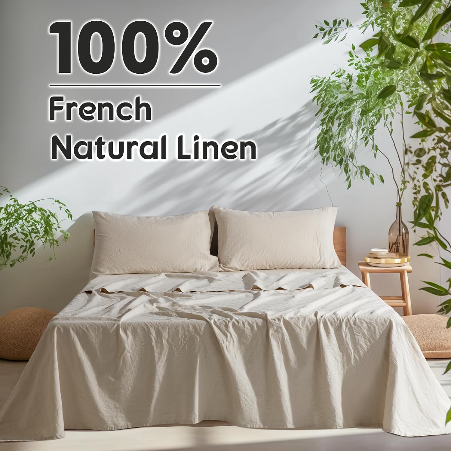 Detalle de SONORO KATE 100% French Pure Linen Sheets – Queen, 24" Deep Pocket, Natural Linen