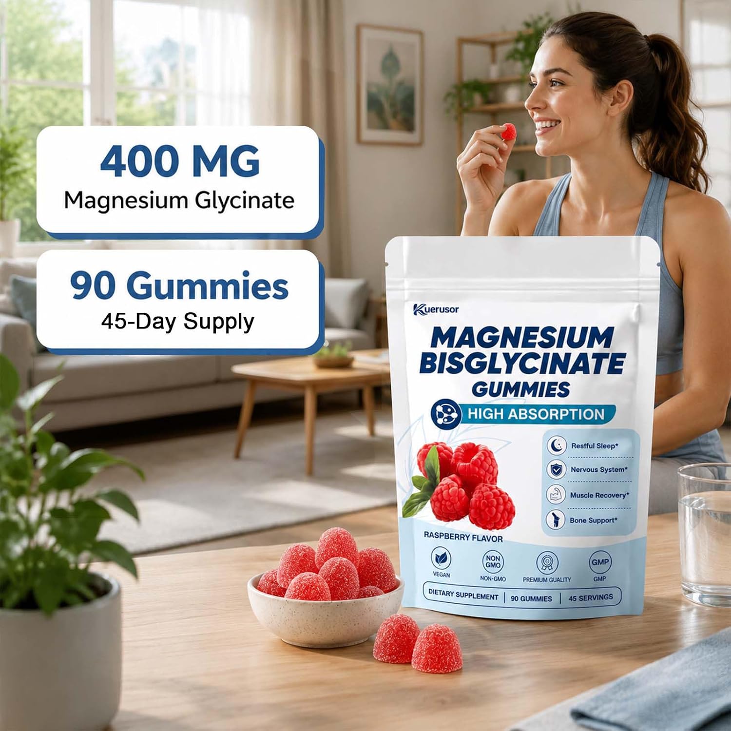 Detalle de Kuerusor Magnesium Bisglycinate Gummies, 400mg, Vegan, Sugar-Free Raspberry
