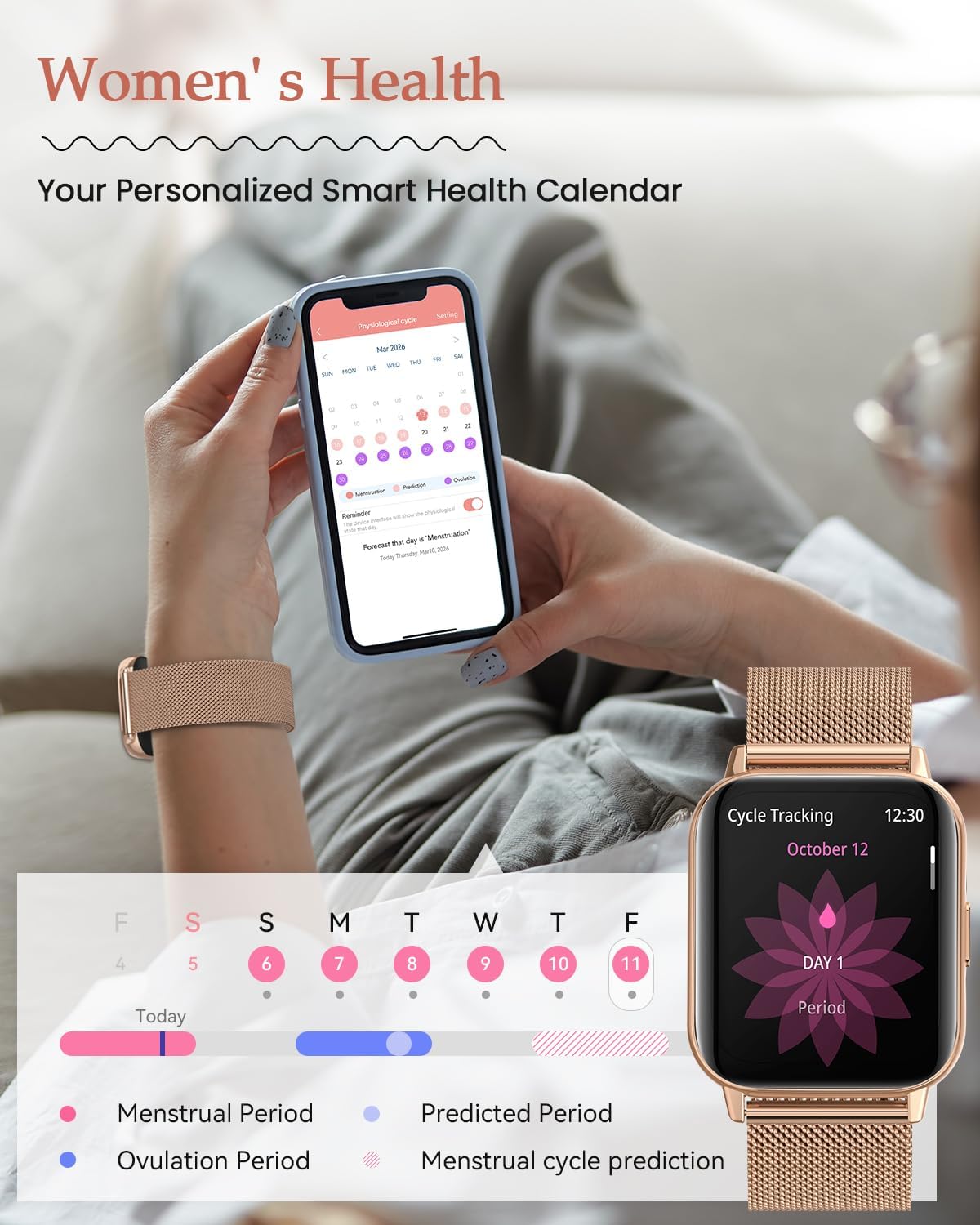 Thumbnail 3 de 2026 Nouveau Montre Connectée Femme — 1,85'' AMOLED, Santé féminine et 113 modes sportifs (Or Rose)