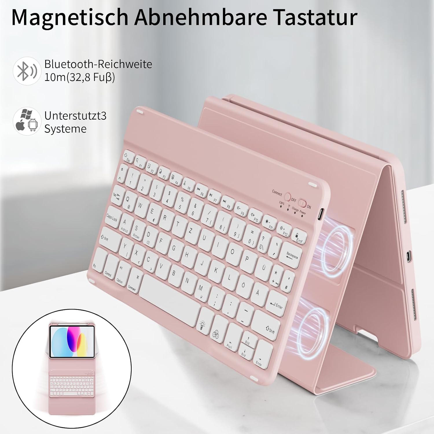 Thumbnail 4 de GKABXY Tastatur-Hülle für iPad 11 (A16) & iPad 10.9 (2022) – abnehmbare, beleuchtete Magnet-Tastatur (Rosa)
