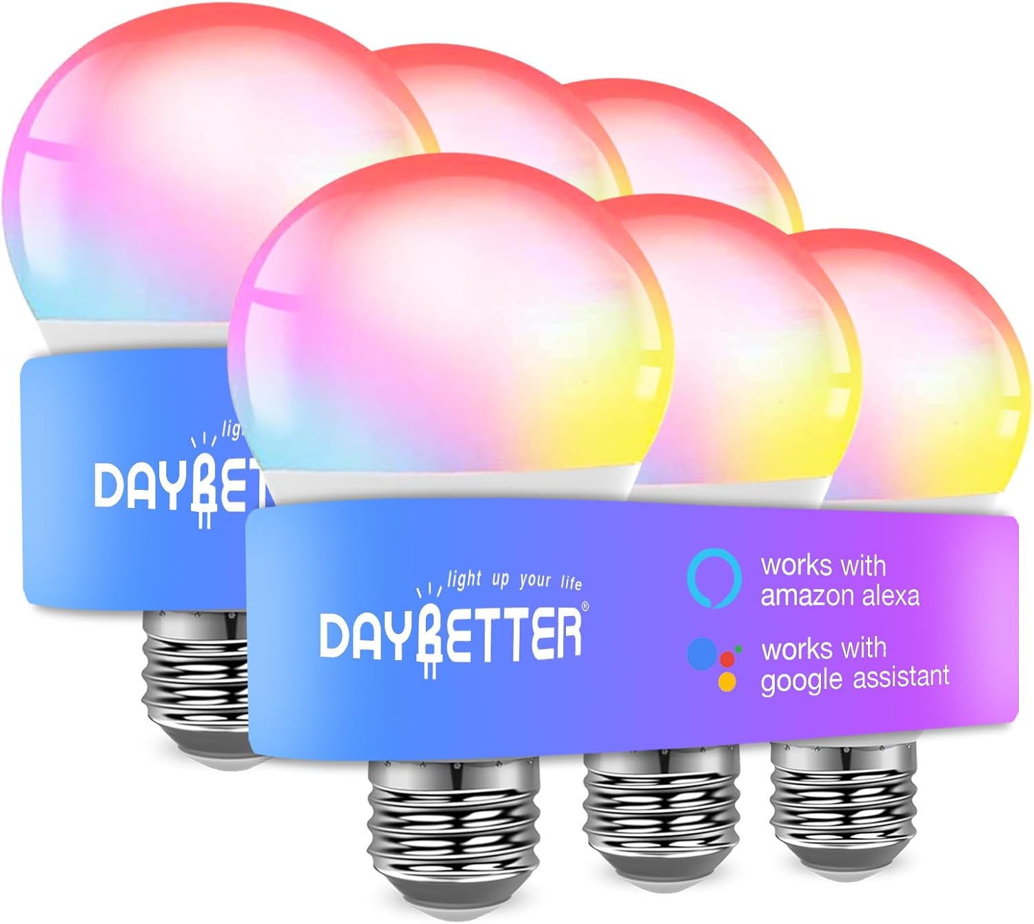 Detalle de DAYBETTER QA5W6 A19 Smart LED Bulbs, 6-Pack, 800 Lumens, Color Changing