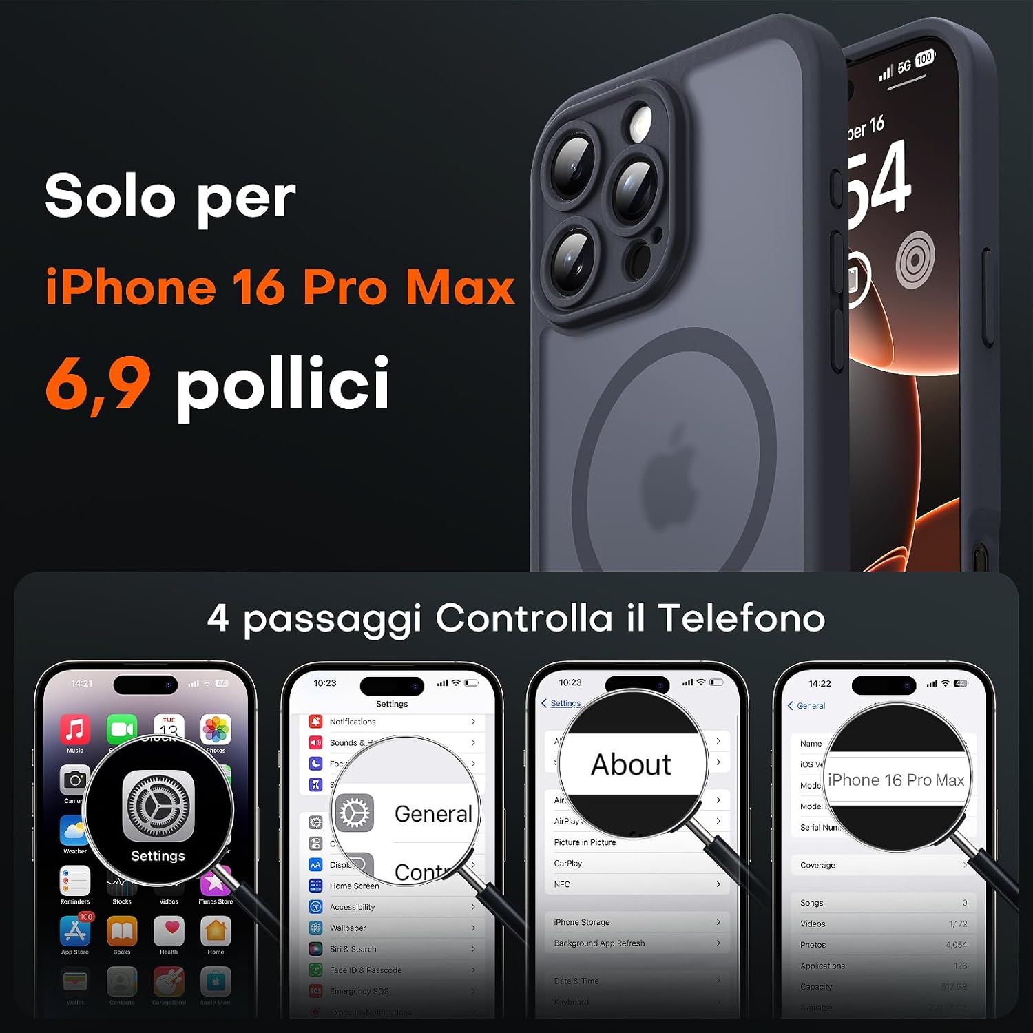 Thumbnail 1 de TOCOL Cover magnetica per iPhone 16 Pro Max 6,9" compatibile con MagSafe, protezione fotocamera e antiurto traslucida opaca (nero)