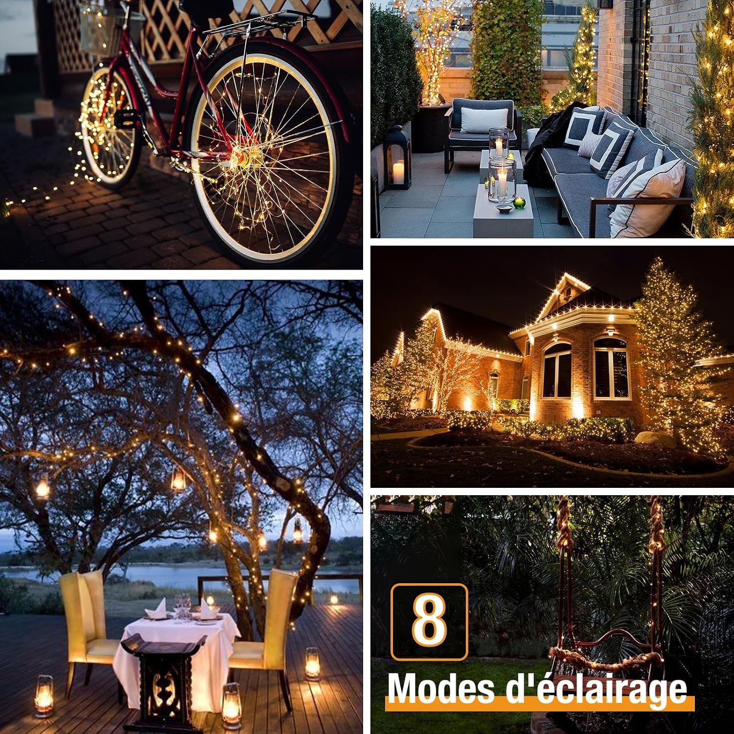 Detalle de Lot de 2 Guirlandes Solaires Extérieures Totale 16 m – 160 LED Blanc Chaud, Étanches, 8 Modes, pour Jardin et Fête