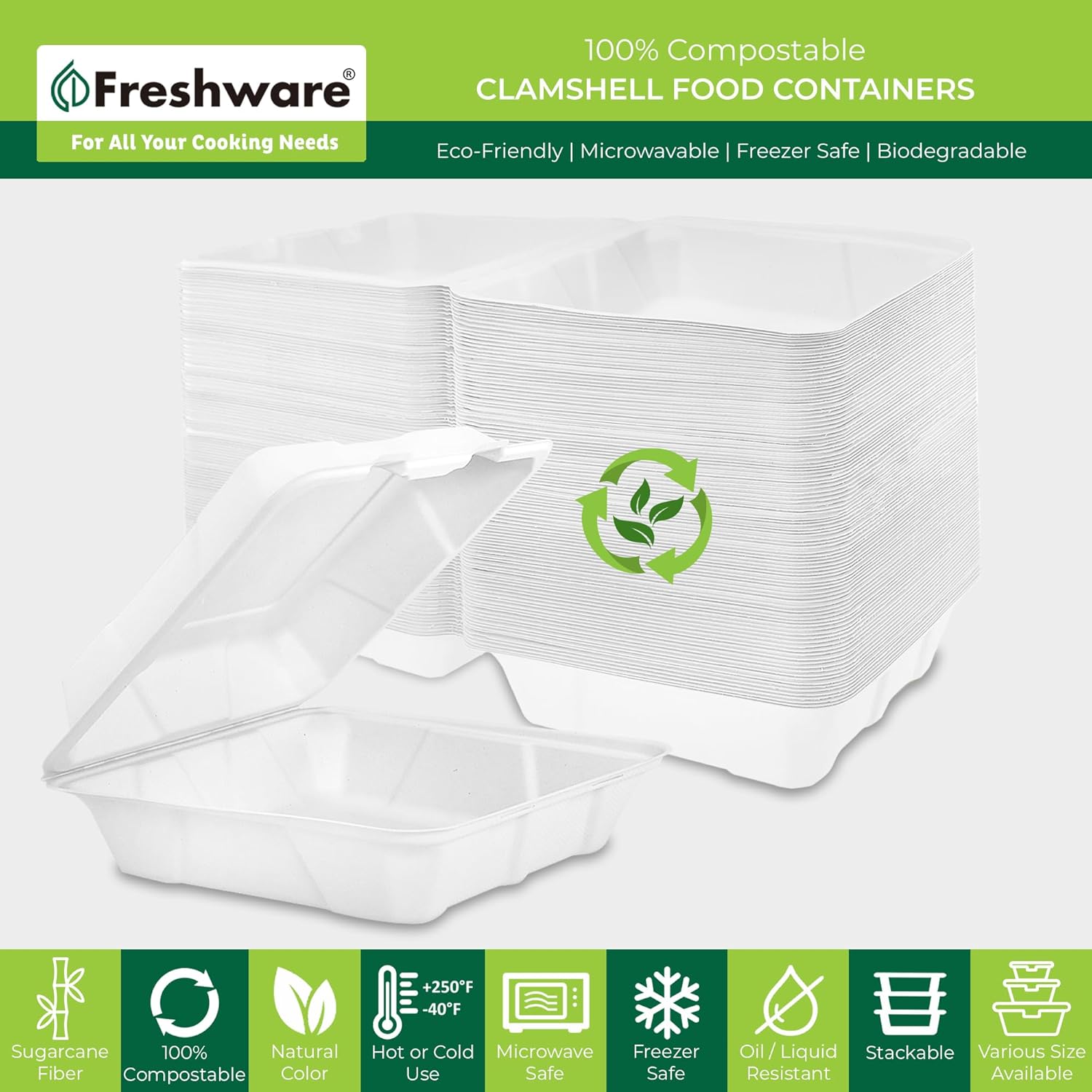 Detalle de Freshware Compostable 9x9" Clamshell Take Out Food Containers (50-Pack)