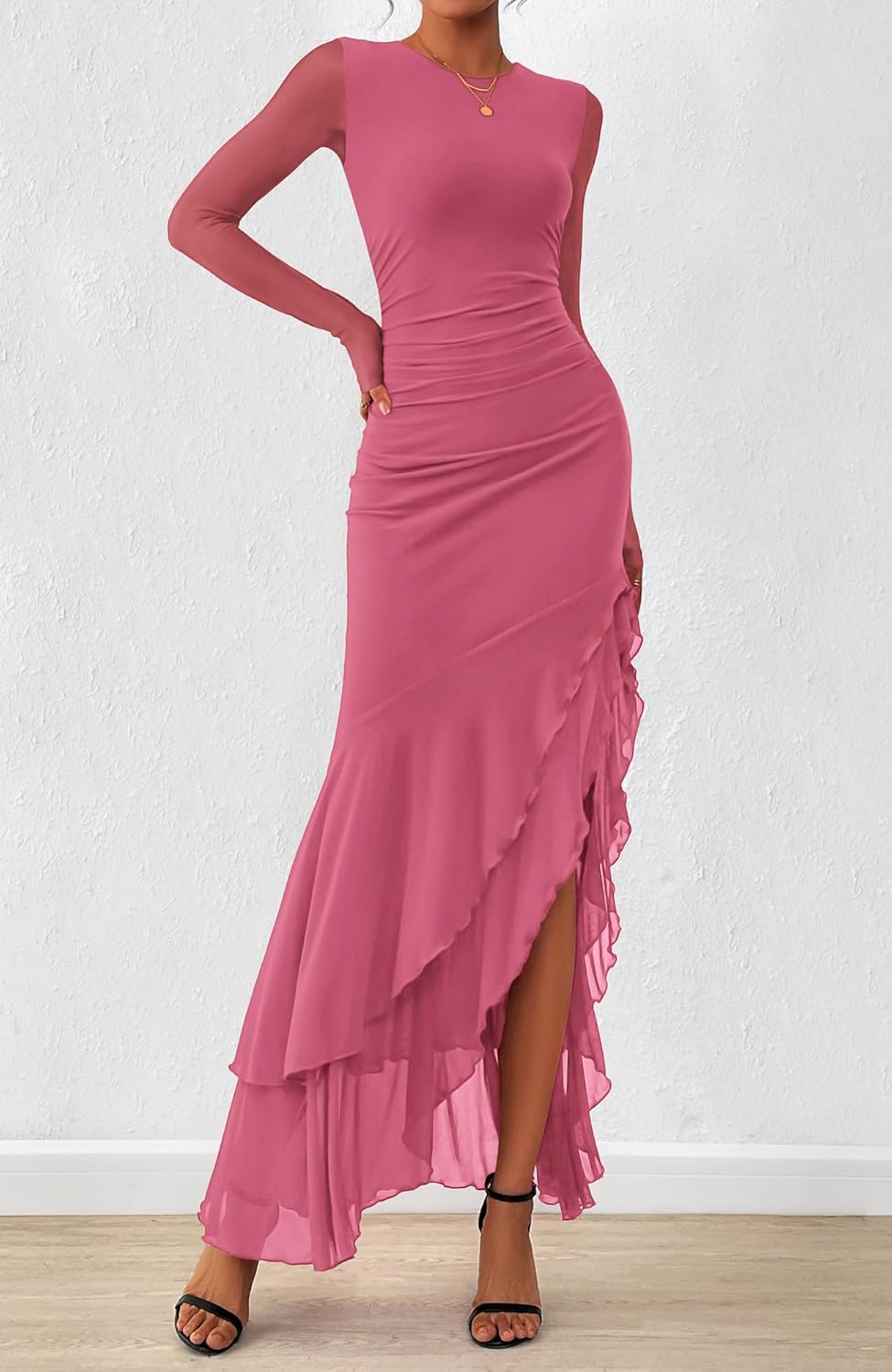 Thumbnail 3 de BTFBM Women's Maxi Dress: Long Sleeve Ruched Bodycon Mermaid Evening Dress