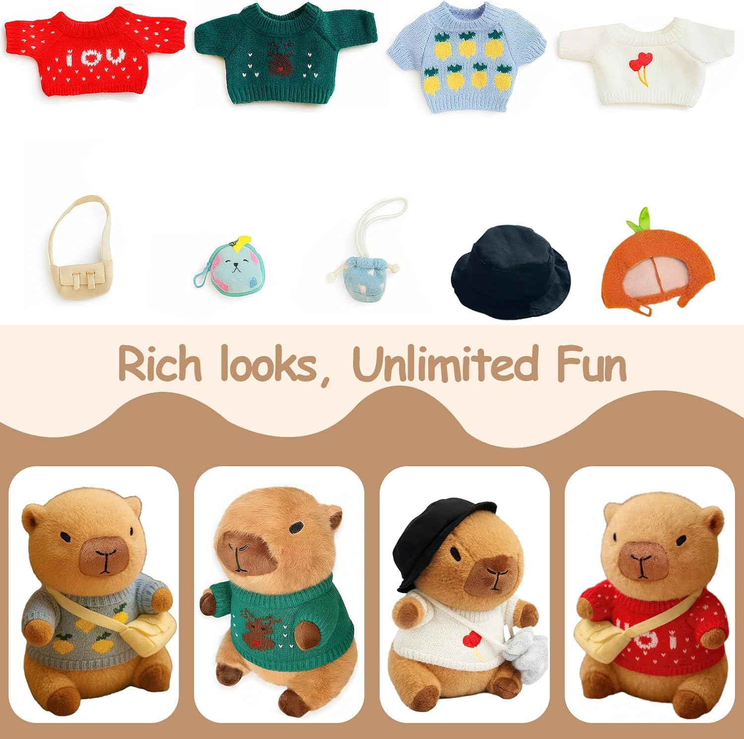 Thumbnail 1 de TITQWOP 10-Piece Capybara Plush Set with Clothes & Accessories (10.2 inch)