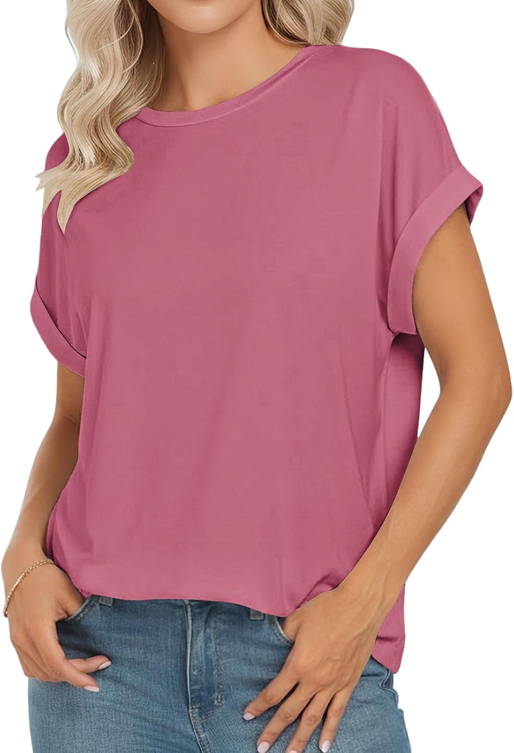 Detalle de Cuptacc Damen Oversize T-Shirt mit Rundhalsausschnitt und Flügelärmel – Kurzarm Sommer Casual