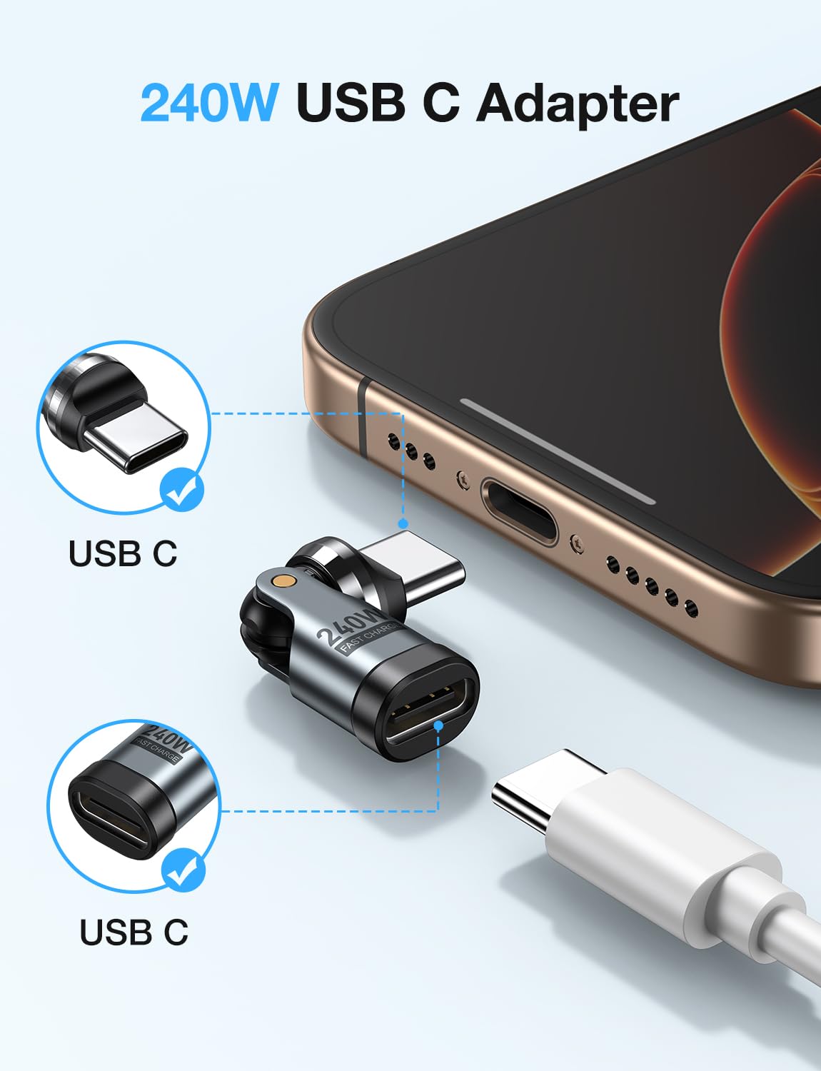 Detalle de AUFU 240W USB-C auf USB-C Adapter, 90° Winkelstecker (3er Pack) – PD-Schnellladung & 540° Drehung