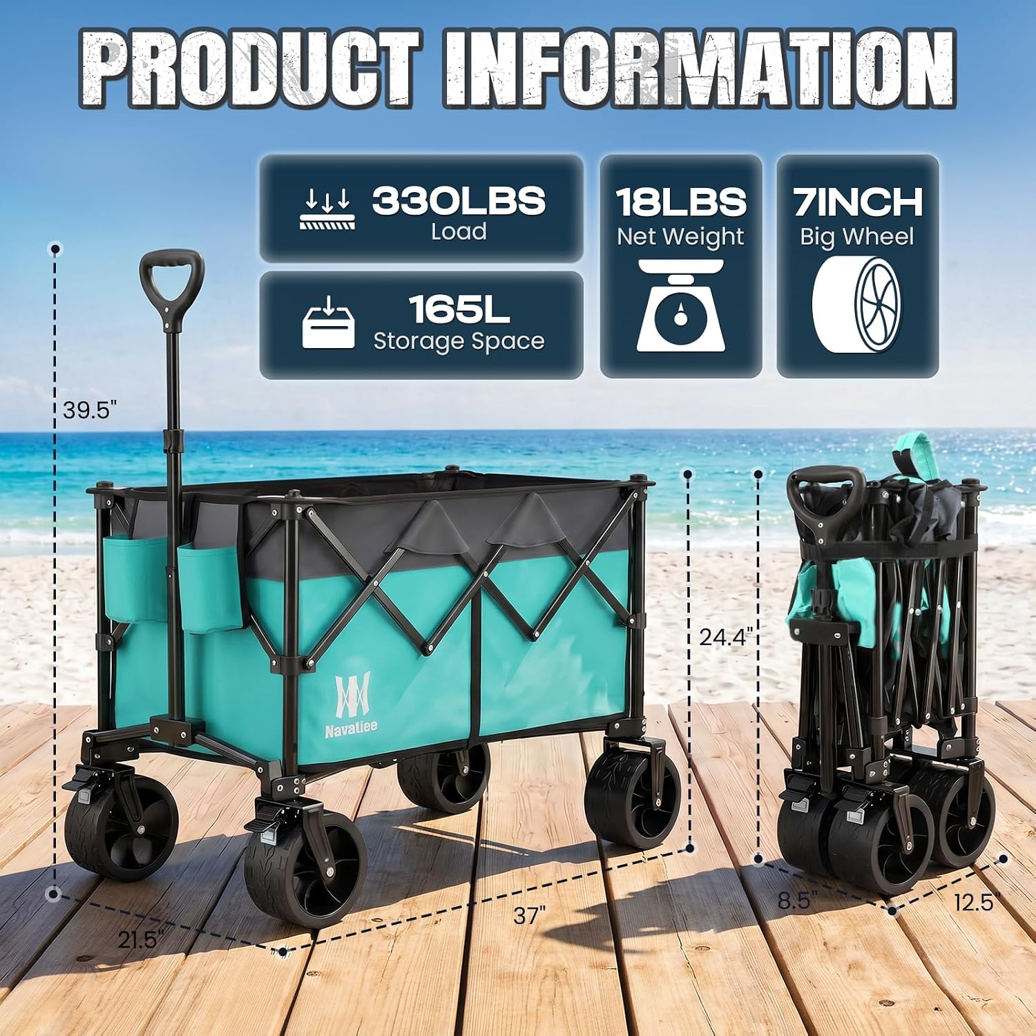 Detalle 2 de Navatiee 165L Folding Wagon, 330 lb Capacity, All-Terrain Wheels & Brakes