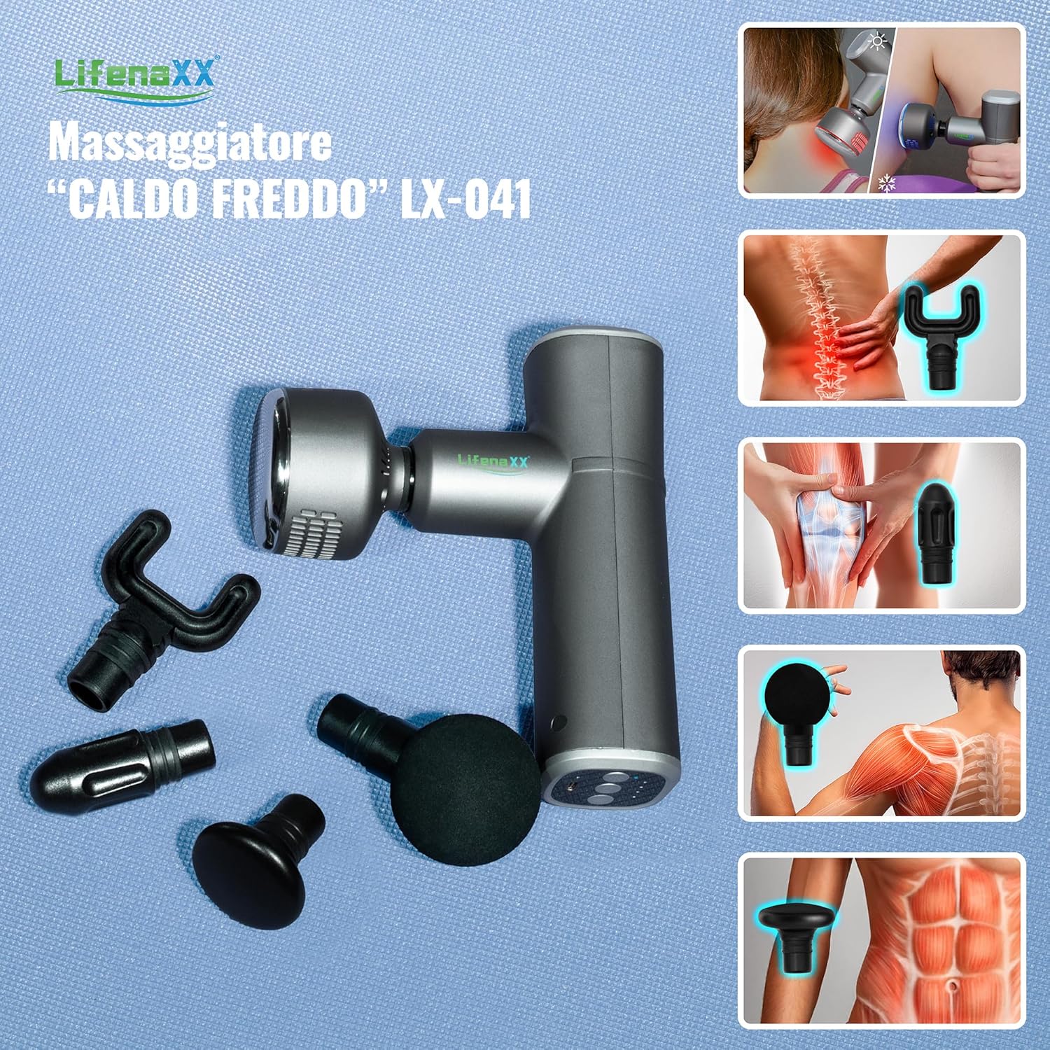 Detalle de LX-041: Pistola per massaggi Lifenaxx – calore, freddo e massaggio profondo con 5 testine