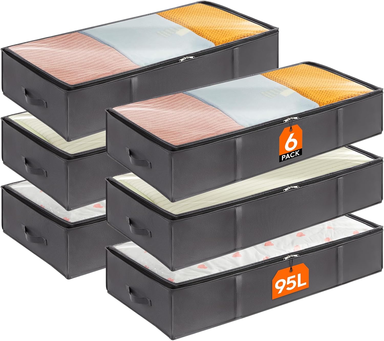 Lifewit 95L Unterbettkommode-Aufbewahrungstasche (6er-Set) mit Deckel und Sichtfenster, grau