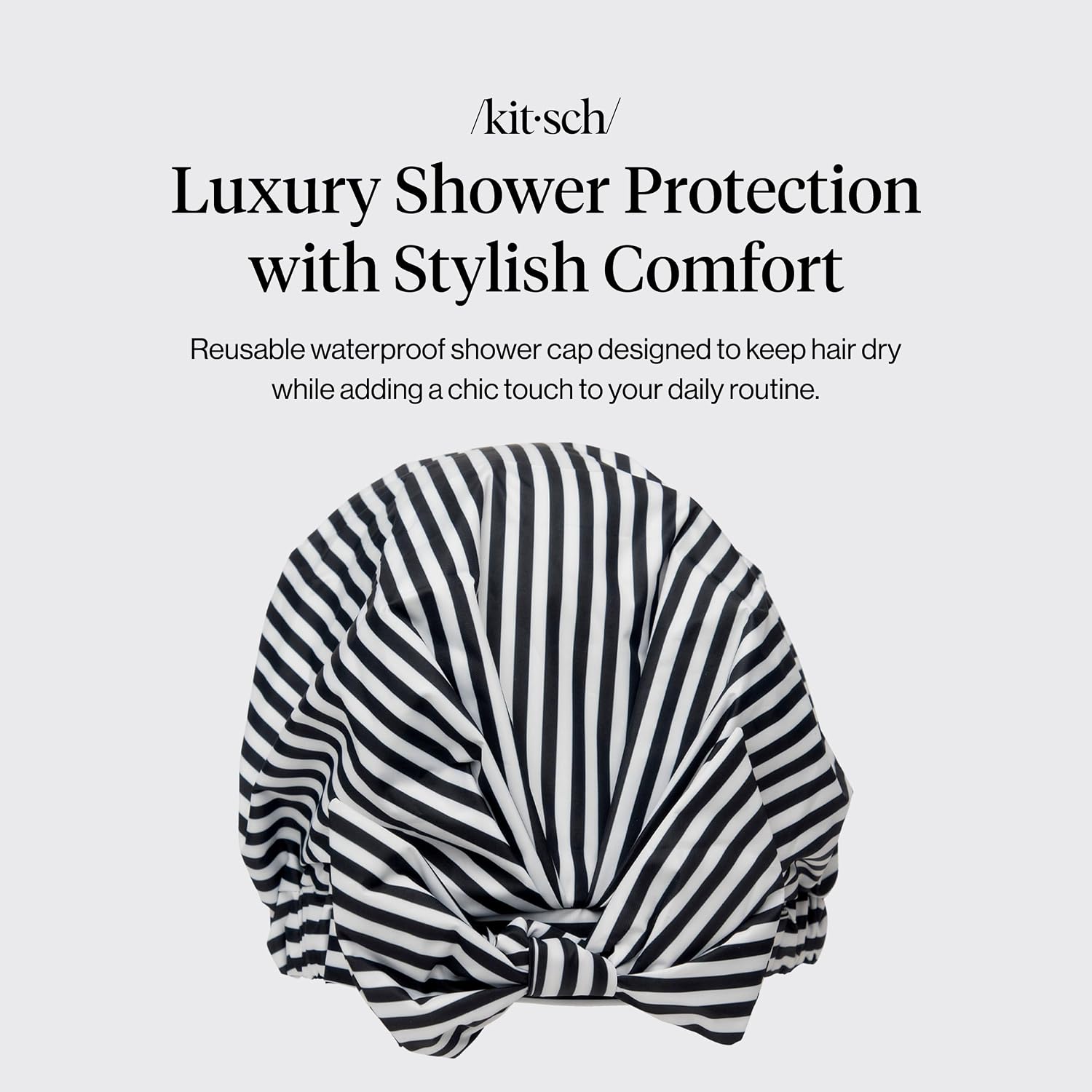 Detalle 2 de Kitsch Luxury Large Shower Cap, Reusable Waterproof Polyester, Black and White Stripe