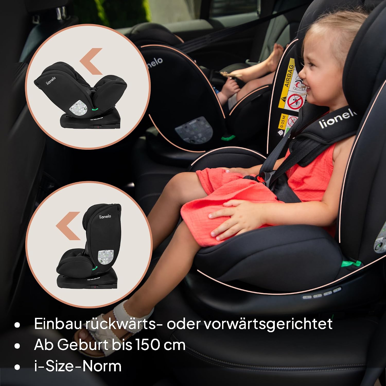 Detalle de Lionelo Bastiaan i-Size 360° drehbarer Kindersitz (Gruppe 0/1/2/3) bis 0–36 kg, 40–150 cm, ISOFIX + Top Tether