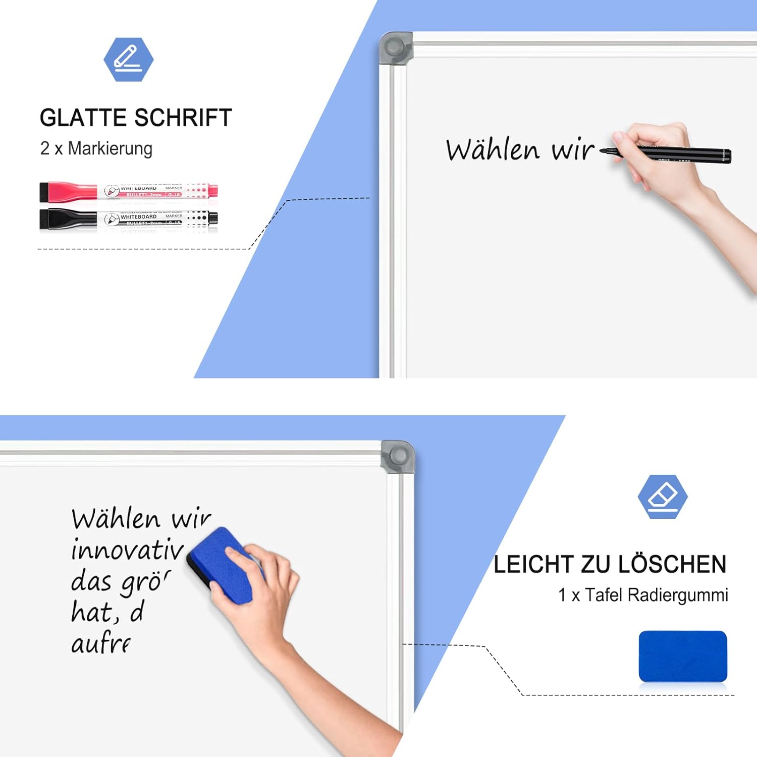 Thumbnail 1 de DOLLAR BOSS magnetisches Whiteboard (30×40 cm, A3) mit 2 Stiften, 8 Magneten & Halterung ohne Bohren