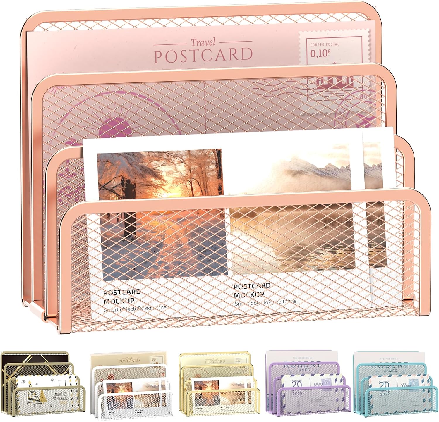 Detalle de SUPEASY Rose Gold Metal Mesh Mail Organizer, 3-Slot Countertop Holder