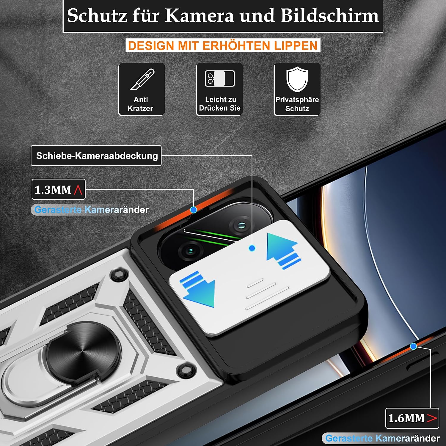 Detalle de Jshru Hülle für Xiaomi Poco F7 – Militärischer Schutz, slide Kameraschutz und 360° Ringständer (Silbrig)