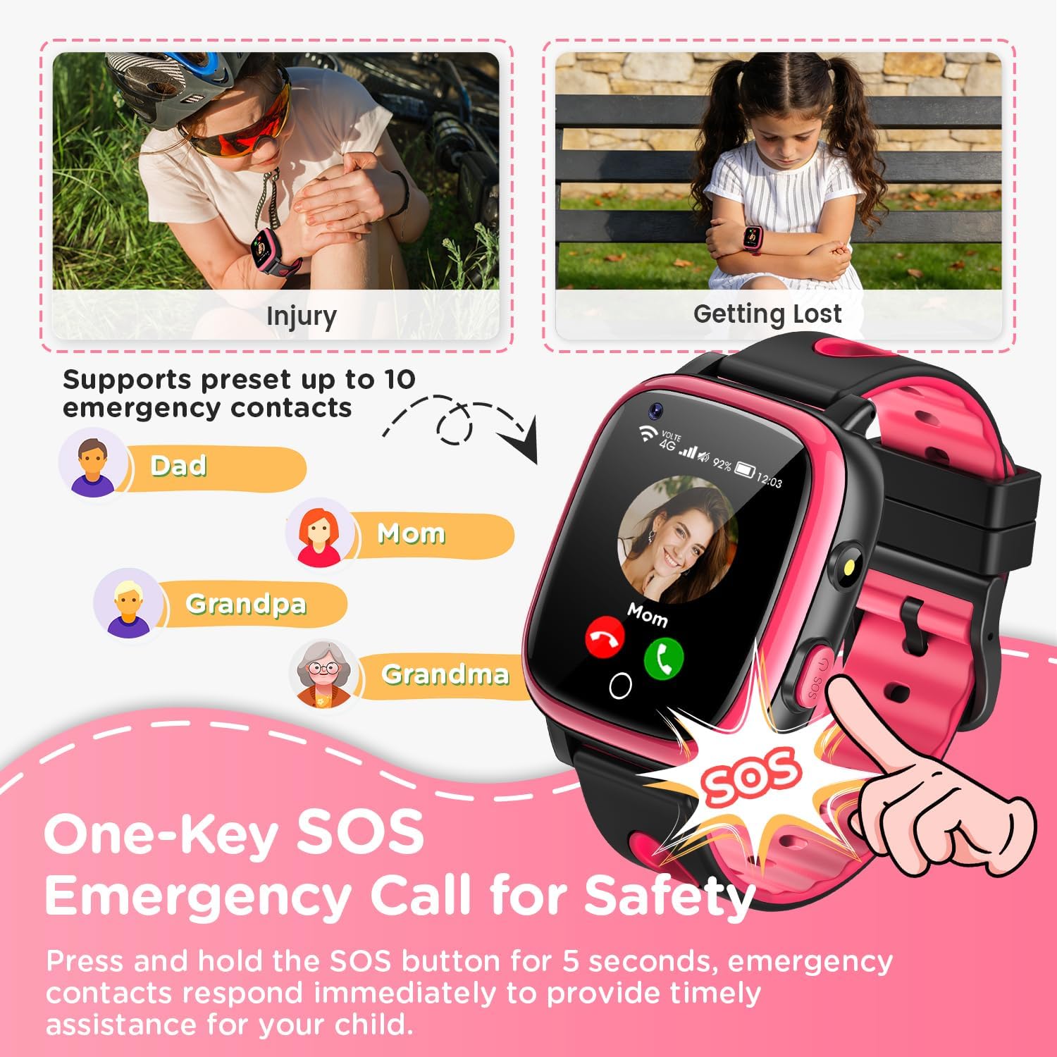 Thumbnail 2 de Whraills 2026 Nouvelle 4G Montre Connectée Enfant – Vidéo Appel, GPS, SOS, IP68, Mode École, Podomètre, Réveil, Flashlight – Rouge