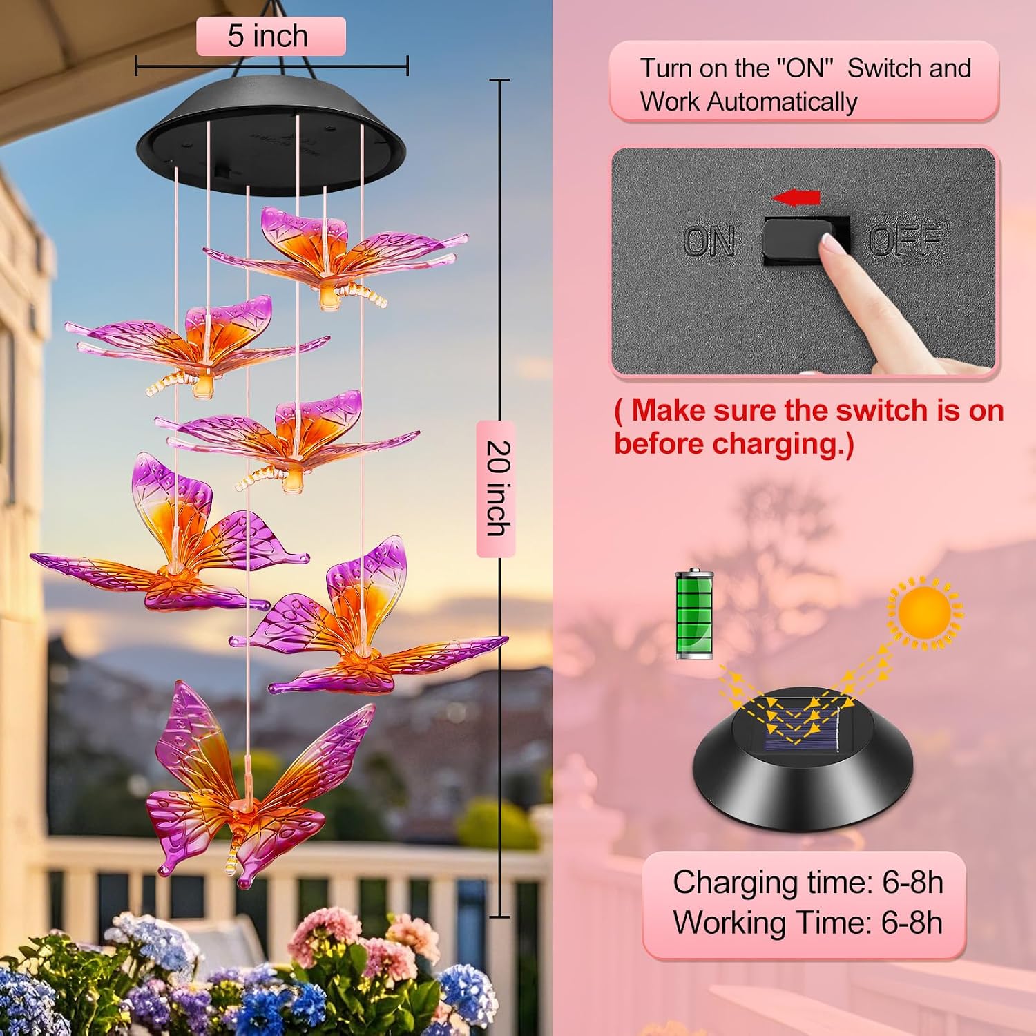 Thumbnail 4 de Winzwon Butterfly Solar Wind Chimes 6‑LED