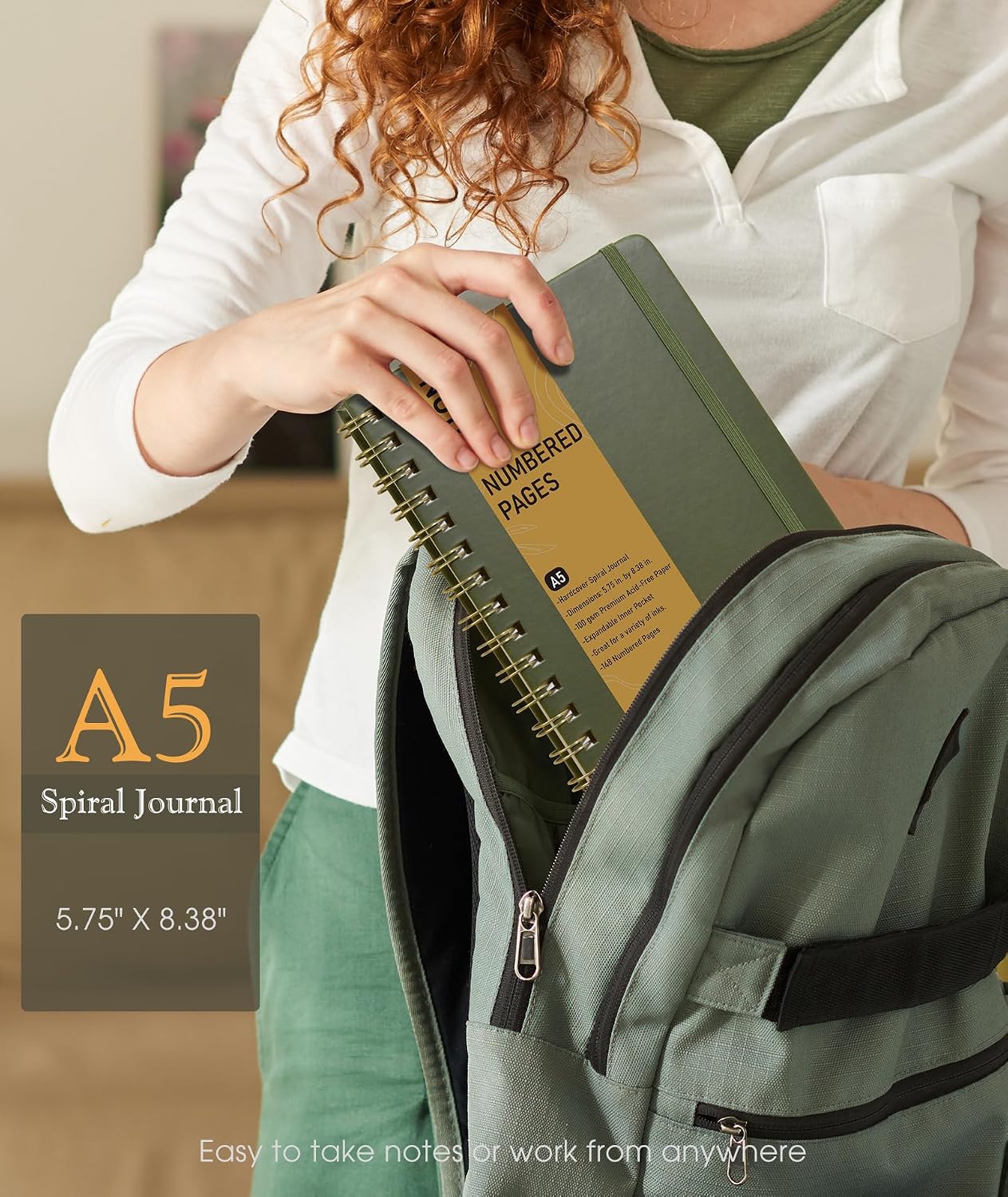 Detalle de PAPEJOON A5 Spiral Journal Notebook, Olive Green, 150 Numbered Pages