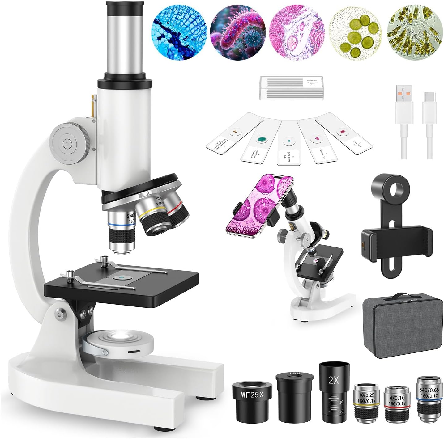 Detalle de Microscopio 2000X per Bambini, Studenti e Adulti — Kit professionale in metallo con vetrini e supporto per phone