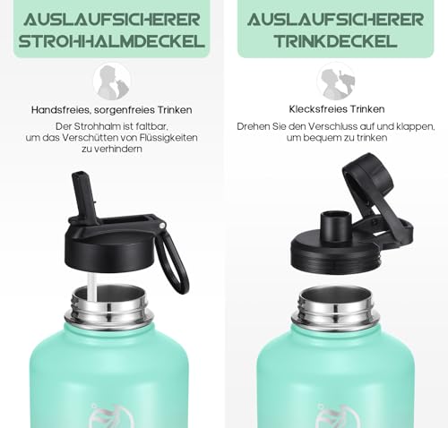 Detalle 2 de HydroPal 1.9L Edelstahl Isolierflasche mit Strohhalm – zwei Deckel, große Kapazität